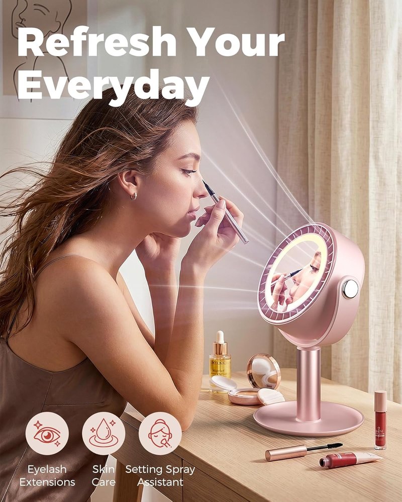3-in-1 Makeup Fan - Cordless LED Light & Mirror for Skincare | Quiet Rechargeable Beauty Tool in Pink