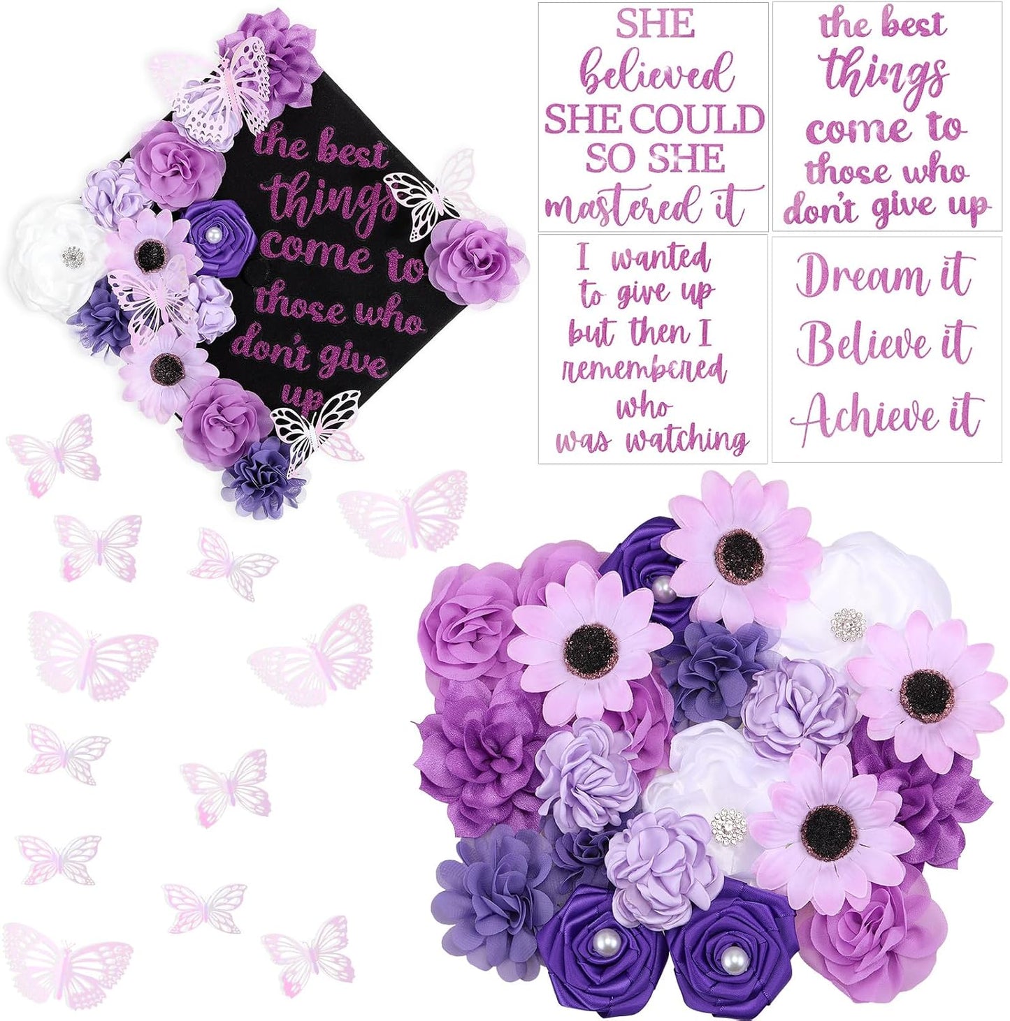 Graduation Cap Decoration Kit - 36 Pcs with Faux Flowers, Glitter Stickers & 3D Butterflies | Blue Inspirational Themes