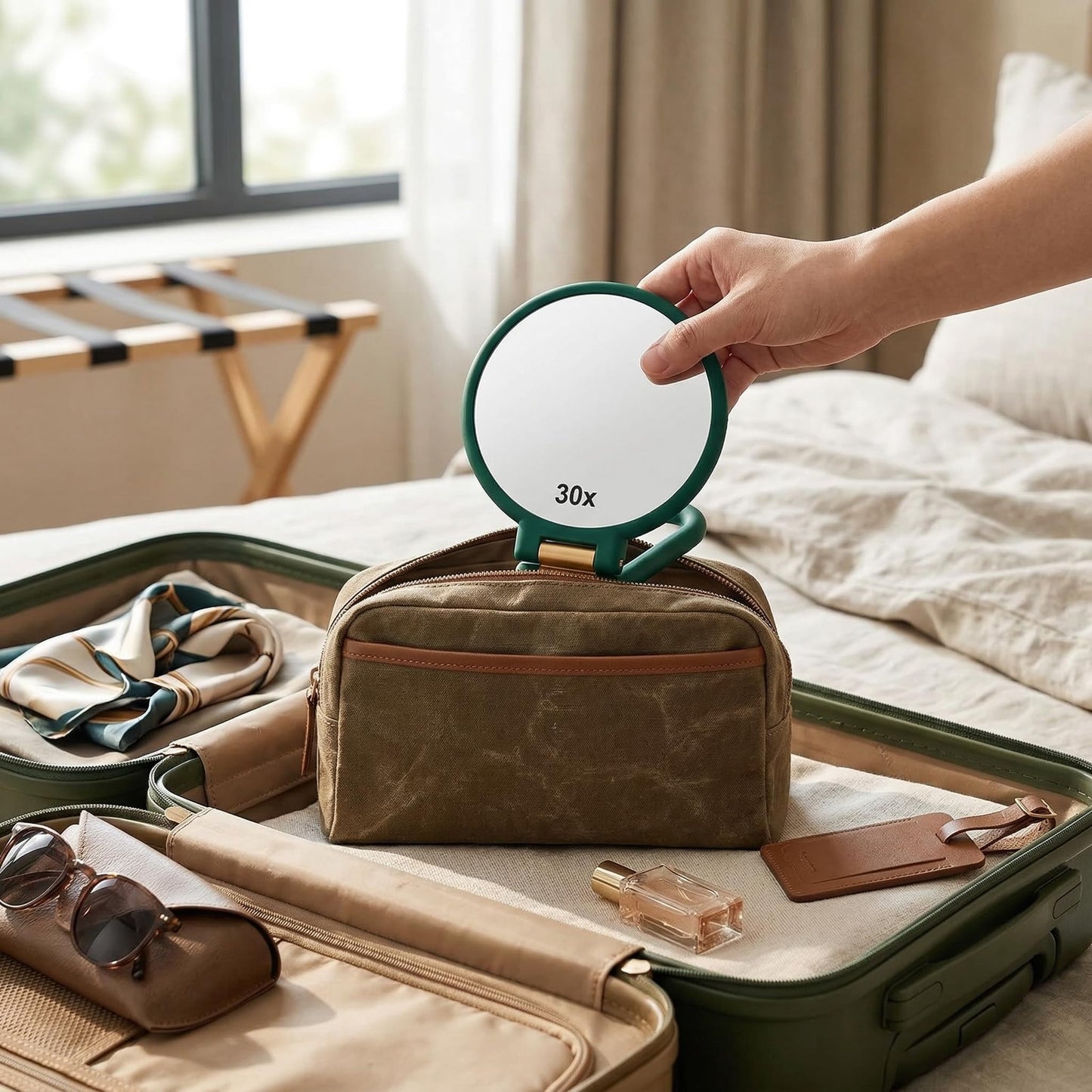 Magnifying Handheld Mirror Double Sided, 1X and 30X Magnification Hand Mirror, Travel Folding Hand Held Makeup Mirror with 360° Rotation Pedestal for Vanity, Dressing Table and Daily Use Green