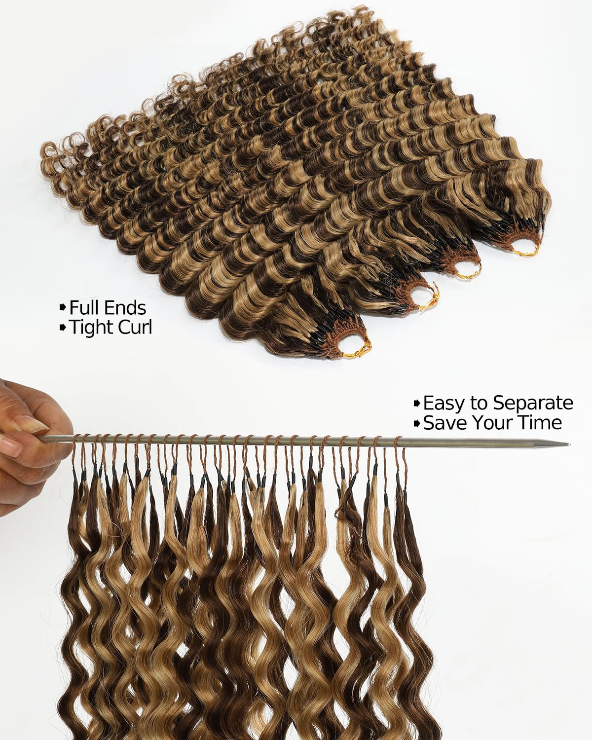 BEEOS Highlights Human Crochet Hair P4/27, Deep Wave Pre-Separated Miracle Knots Feather Crochet Hair for Women, Brown with Honey Blonde 16 Inch 40g