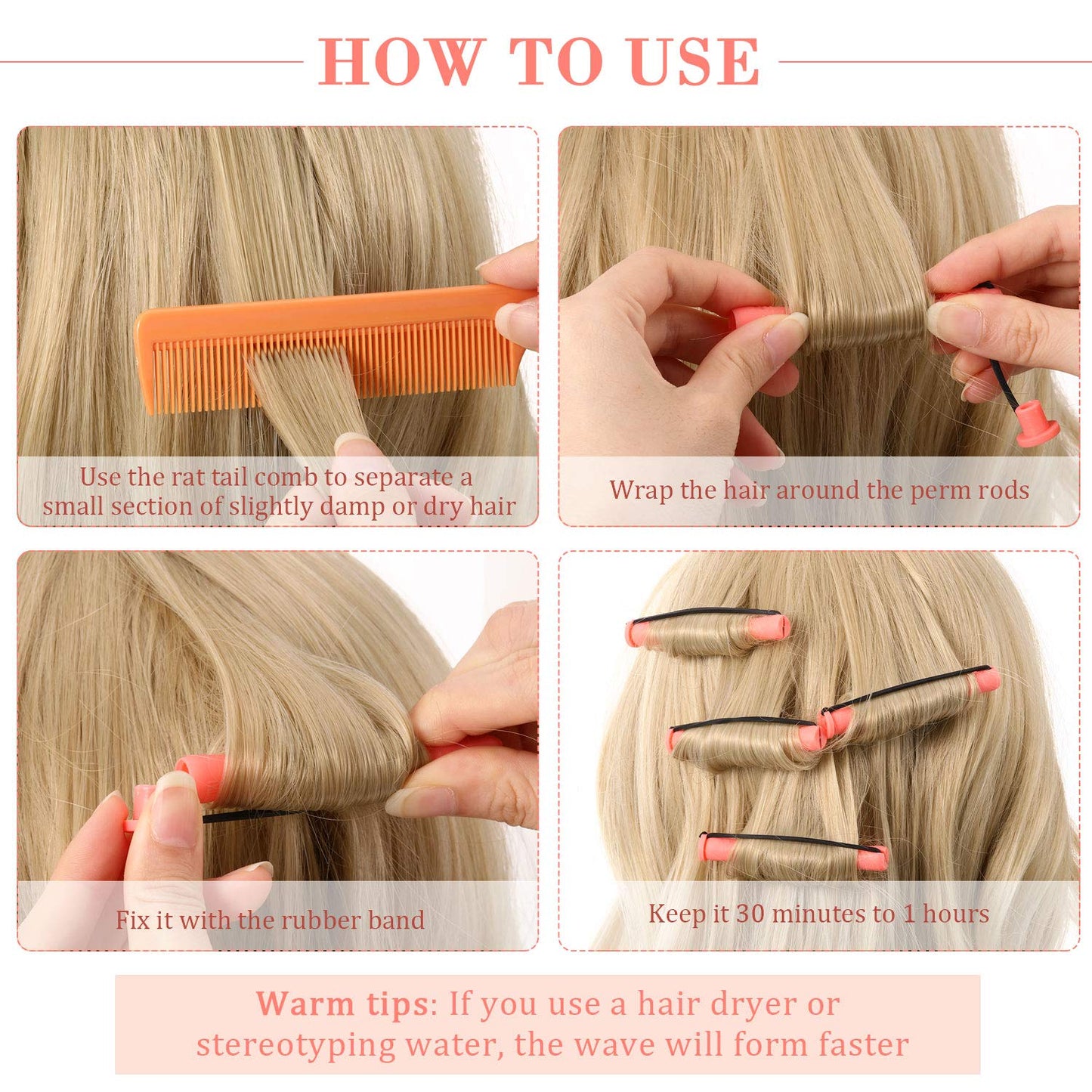 48 Pieces Cold Wave Hair Perm Rods and Plastic Curlers with Steel Pintail Comb for Hairdressing and Styling (Pink, 0.51 Inch/ 1.3 cm)