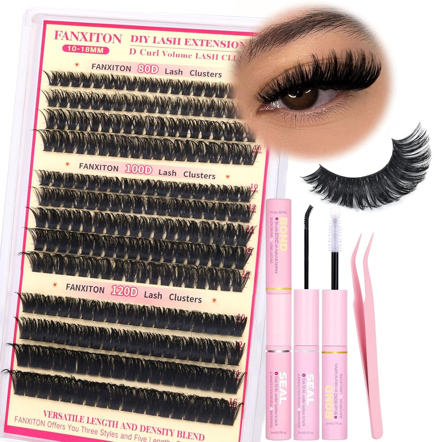 DIY Eyelash Extension Kit - Thick Volume 40D & 50D Cluster Lashes | 280 Pieces with Bond & Tweezers