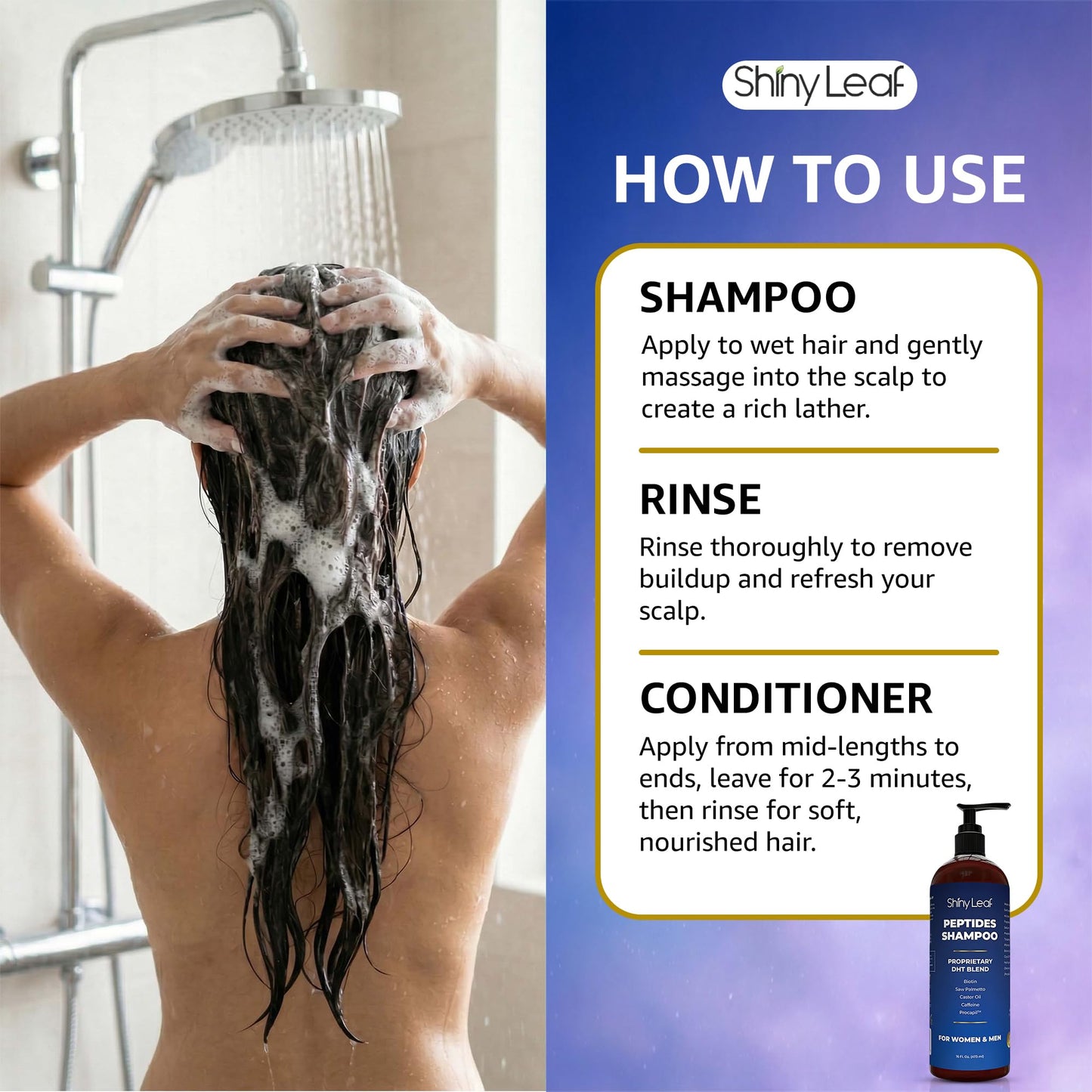 Shiny Leaf Peptide Shampoo for Thinning Hair, Biotin & Caffeine, 2 x 16 oz