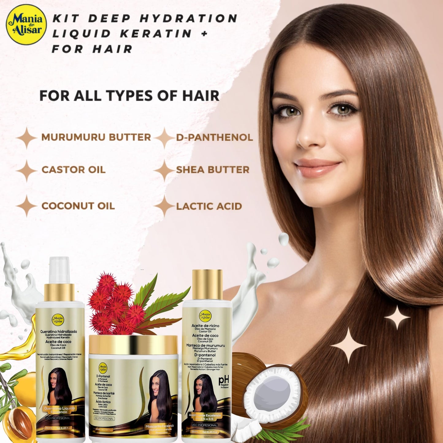 Mania de Alisar Deep hydration mask kit with hair acidifier, D-Panthenol, Coconut Oil, Shea Butter (17 fl.oz / 500 g)