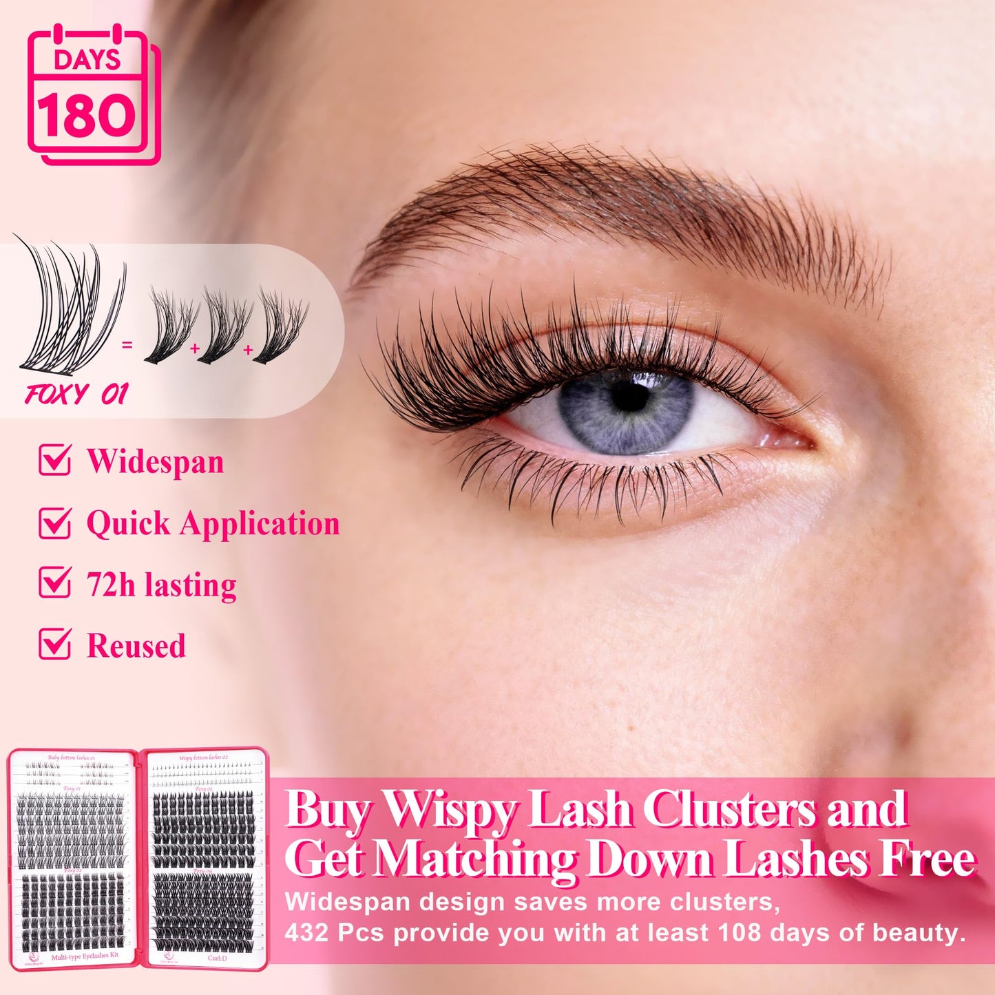 Foxy Beauty Natural Lash Clusters - Wispy & Fluffy Lash Clusters WideSpan Eyelash Clusters Lash Extension with FREE Bonus Lower Lashes