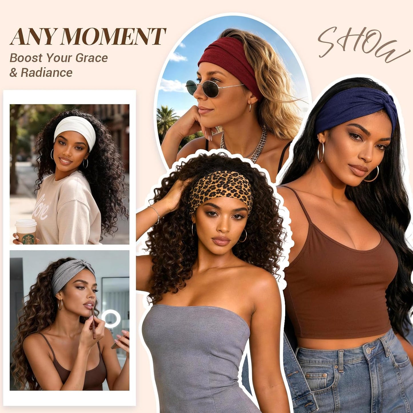 Wide Headbands for Women - 7.08 Inch Thick Boho Turban Hair Wraps | Non-Slip, Moisture-Wicking, 8 Pack Multi Colors
