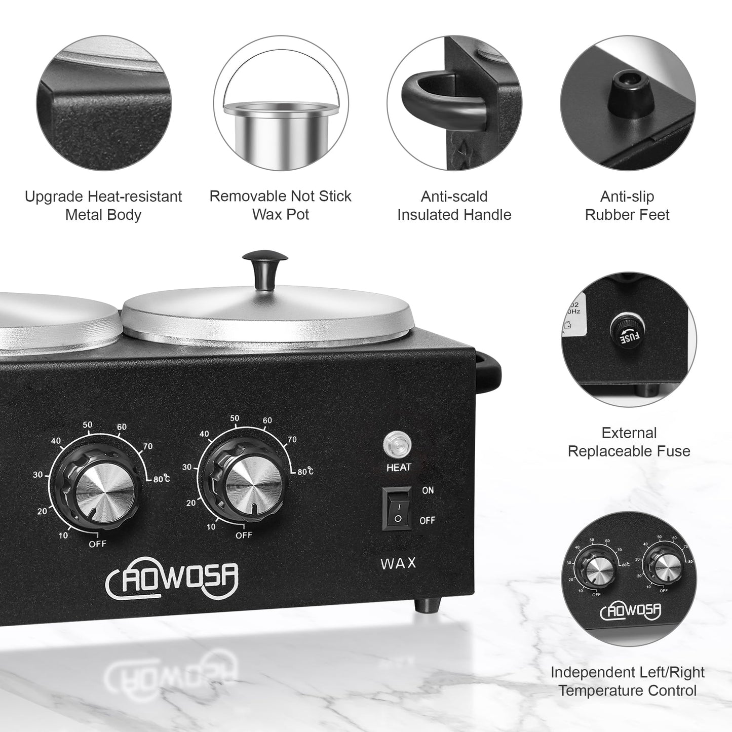 Professional Hair Removal Kit - Wax Warmer Machine with Double Pot, Large Capacity for Spa Salon and Home Use, Non-Stick Easy Clean Pots, 50 Sticks & 20 Collars (Black)