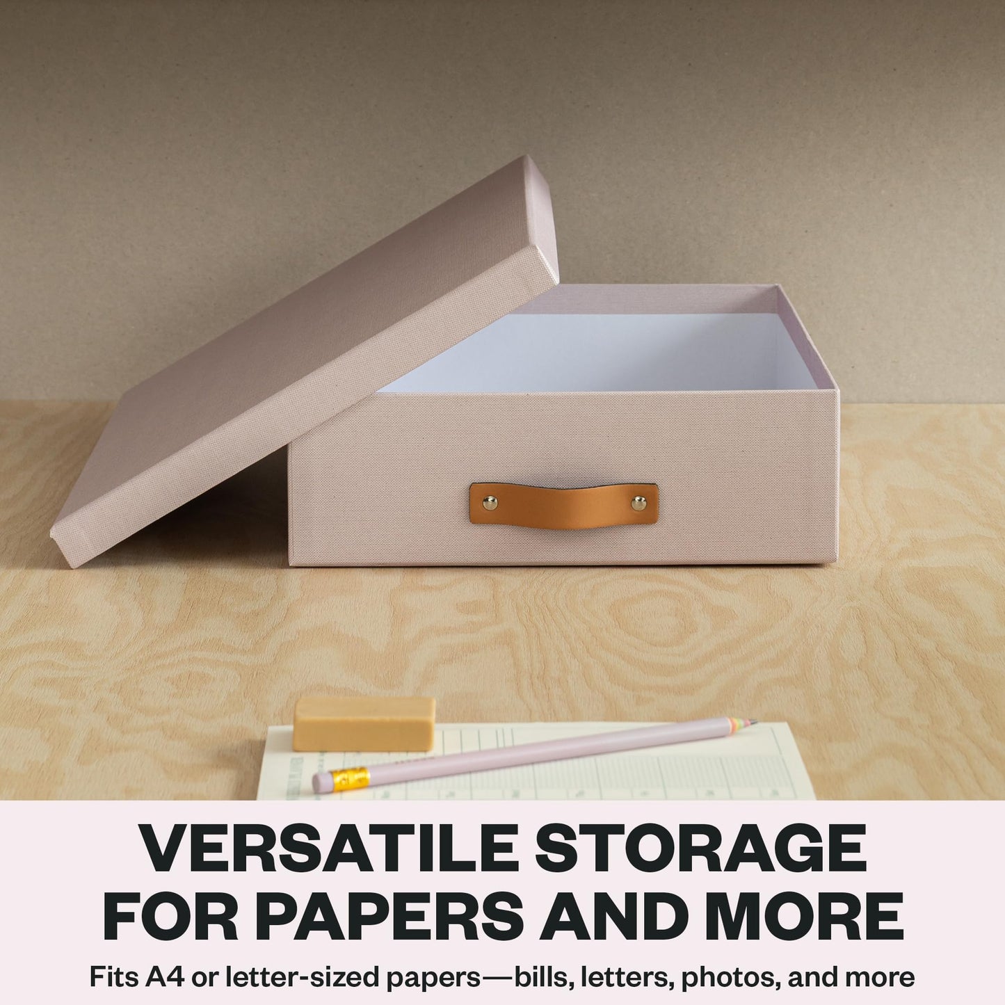 Bigso Oskar Fiberboard Document Storage Box with Lid for A4 and Letter Size Papers - Stylish, Sturdy, and Stackable Keepsake Box with Leather Handle - W10.2in x D13.8in x H3.3in - Pink Rose