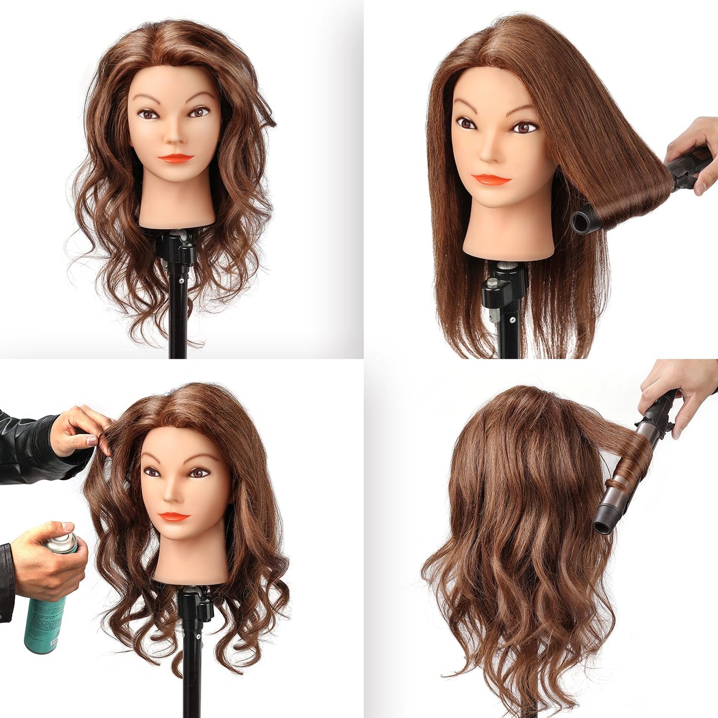Human Hair Mannequin Head for Hair Styling Practice | 20-22" Dark Brown Cosmetology Doll with Clamp