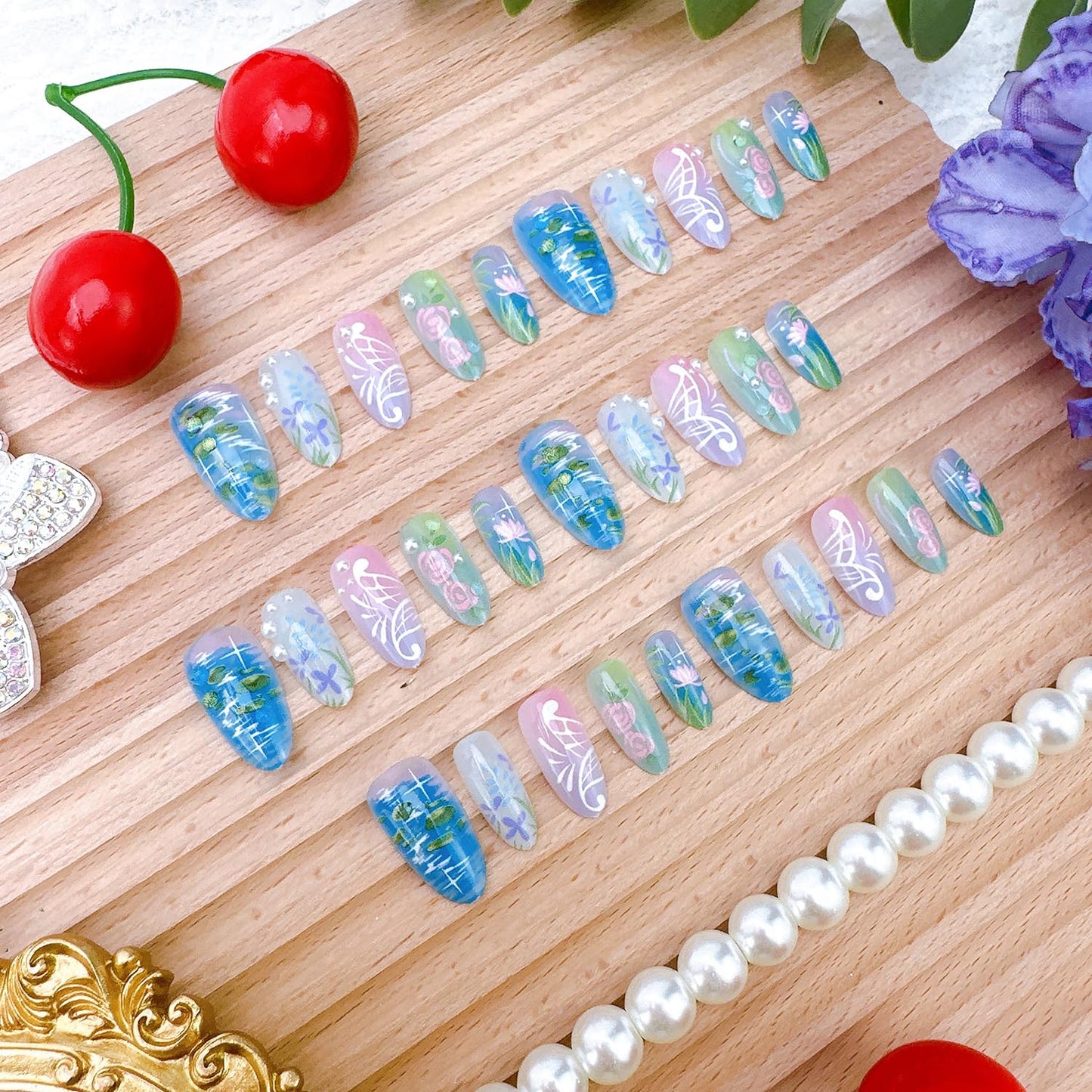 30Pcs Summer Press on Nails Medium Almond Fake Nails with Pearl Designs Pink Spring Flower Acrylic Nails Summer Lotus Pond, Lotus Flower False Nail Butterfly Full Cover Stick on Nails for Women