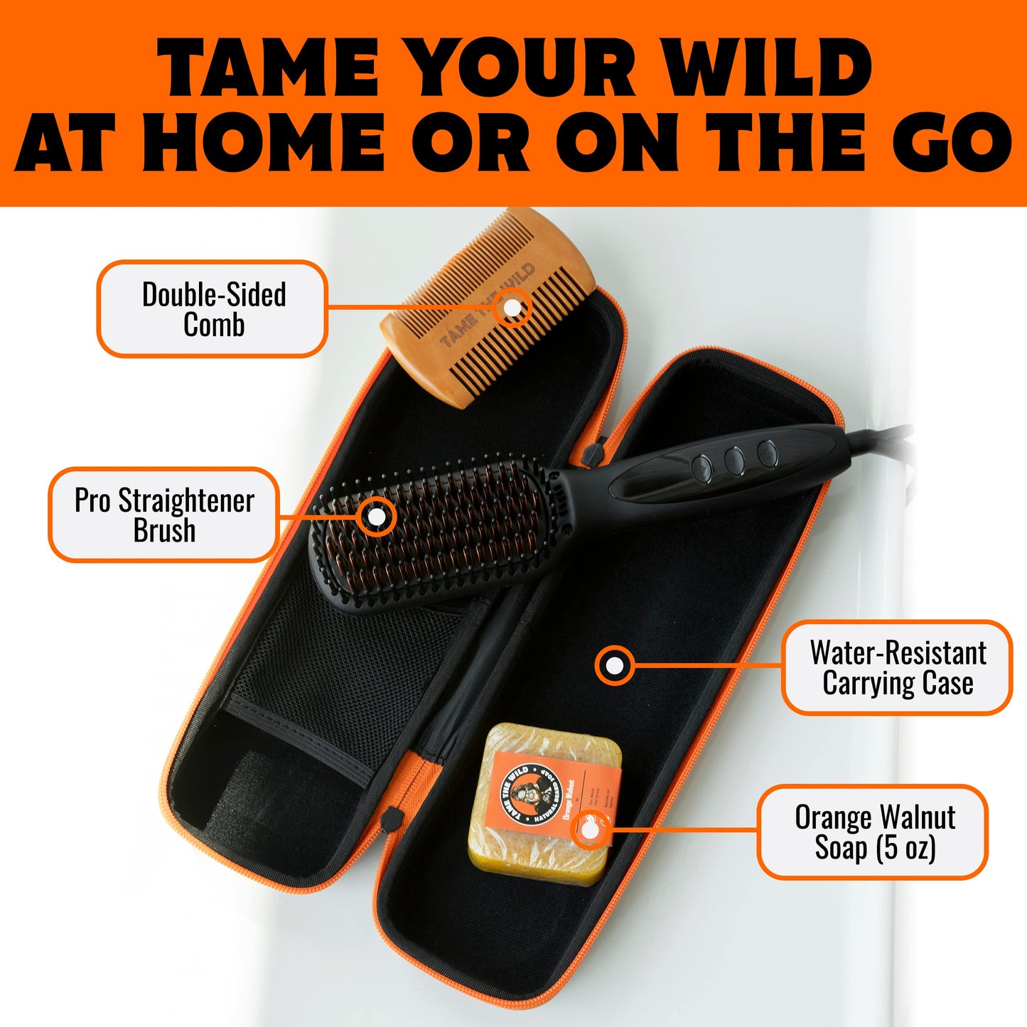 TAME THE WILD MAKE YOUR BEARD BEHAVE Beard Straightener for Men Kit - Includes Portable Heated Beard Brush, Beard Soap, Pearwood Comb, & Storage Case