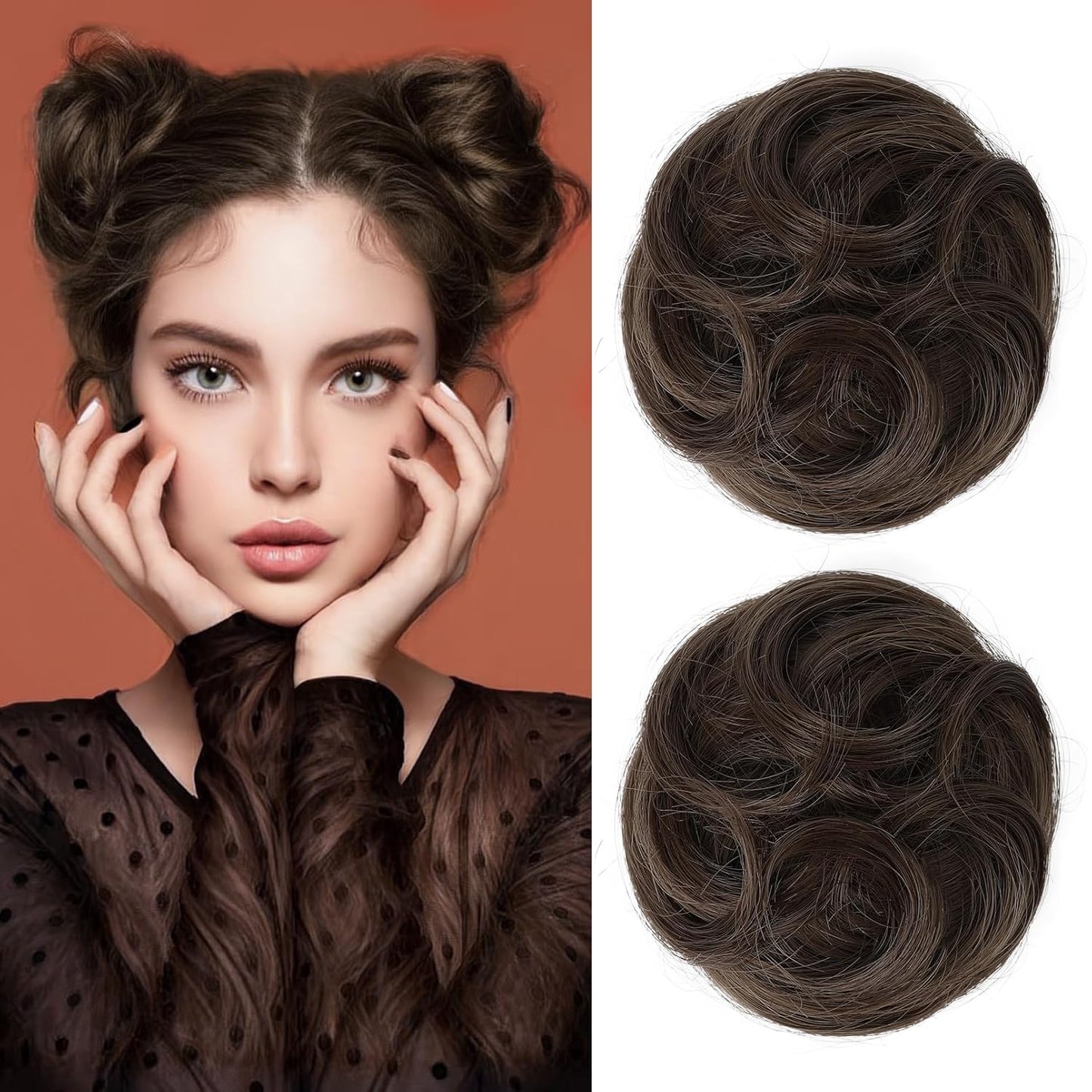 REECHO Mini Claw Clips - Messy & Cat Ears Hair Bun Extensions | 2-Pack, 3.5" Wavy, Natural Black