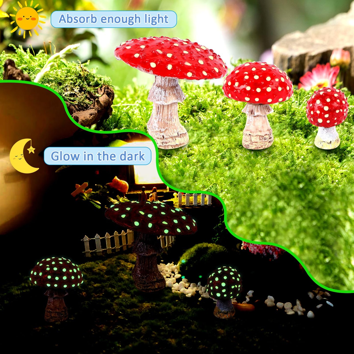 BRIOYHA 3-Piece Glow in The Dark Mushroom with 2 Bunny Statues – Outdoor Garden Decorations for Yard Pathway Landscape, Spring Easter Lawn Ornaments