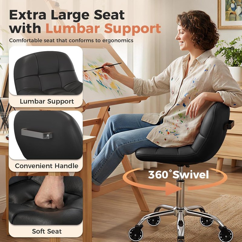 Height Adjustable Rolling Stool Chair - Comfortable PU Leather Cushion | Ideal for Home Office, Salon, Garage, Black