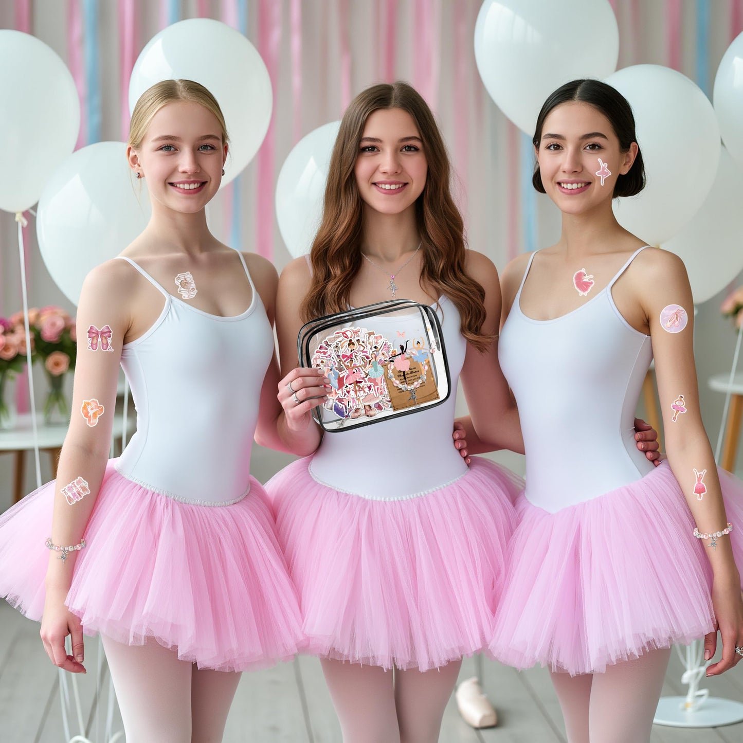Y1tvei Cute Ballerina Girl PVC Makeup Bag - 64Pcs Ballet Dancing Girl Cosmetic Pouch Recital Gifts, Clear Makeup Bag with Dance Stickers Sparkly Necklace Bracelet Card for Ballet Dancer Birthday Party