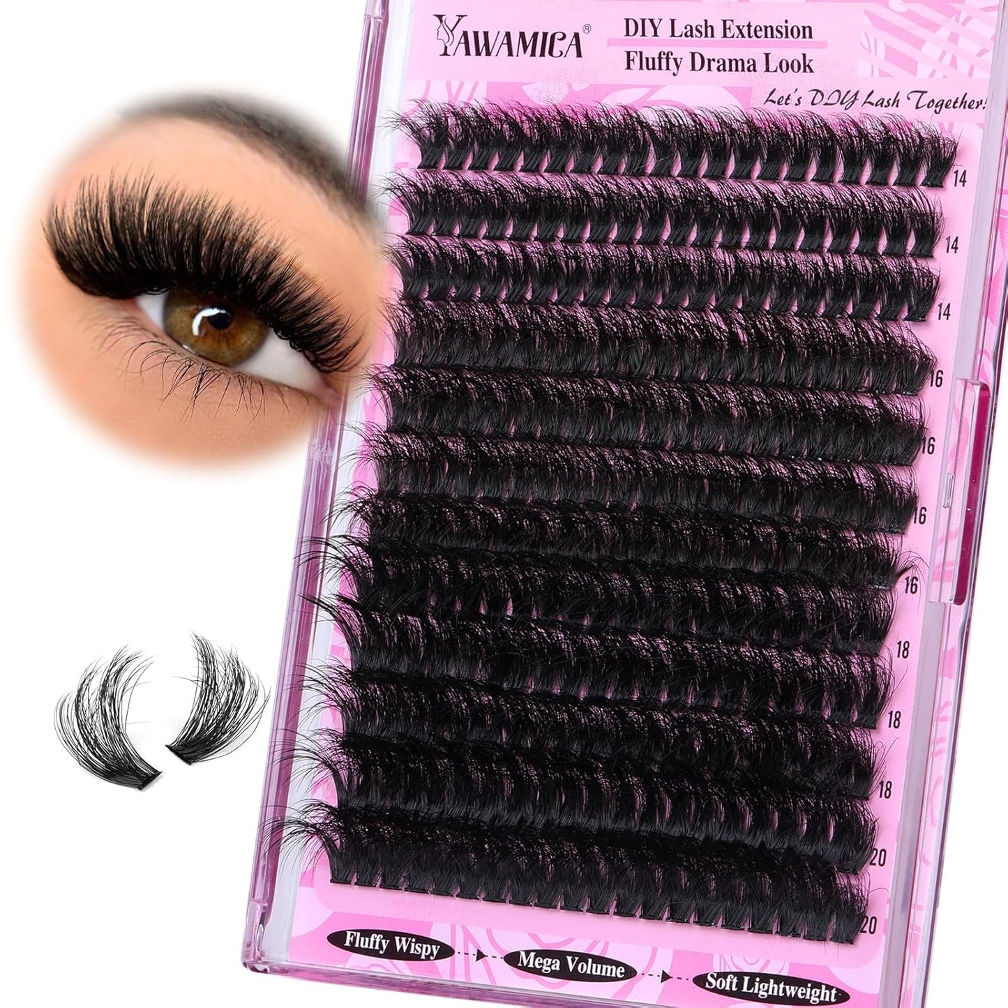 Fluffy Lash Clusters - 10-14mm D Curl Individual Eyelash Extensions | Thick 200D Volume for Soft Glam