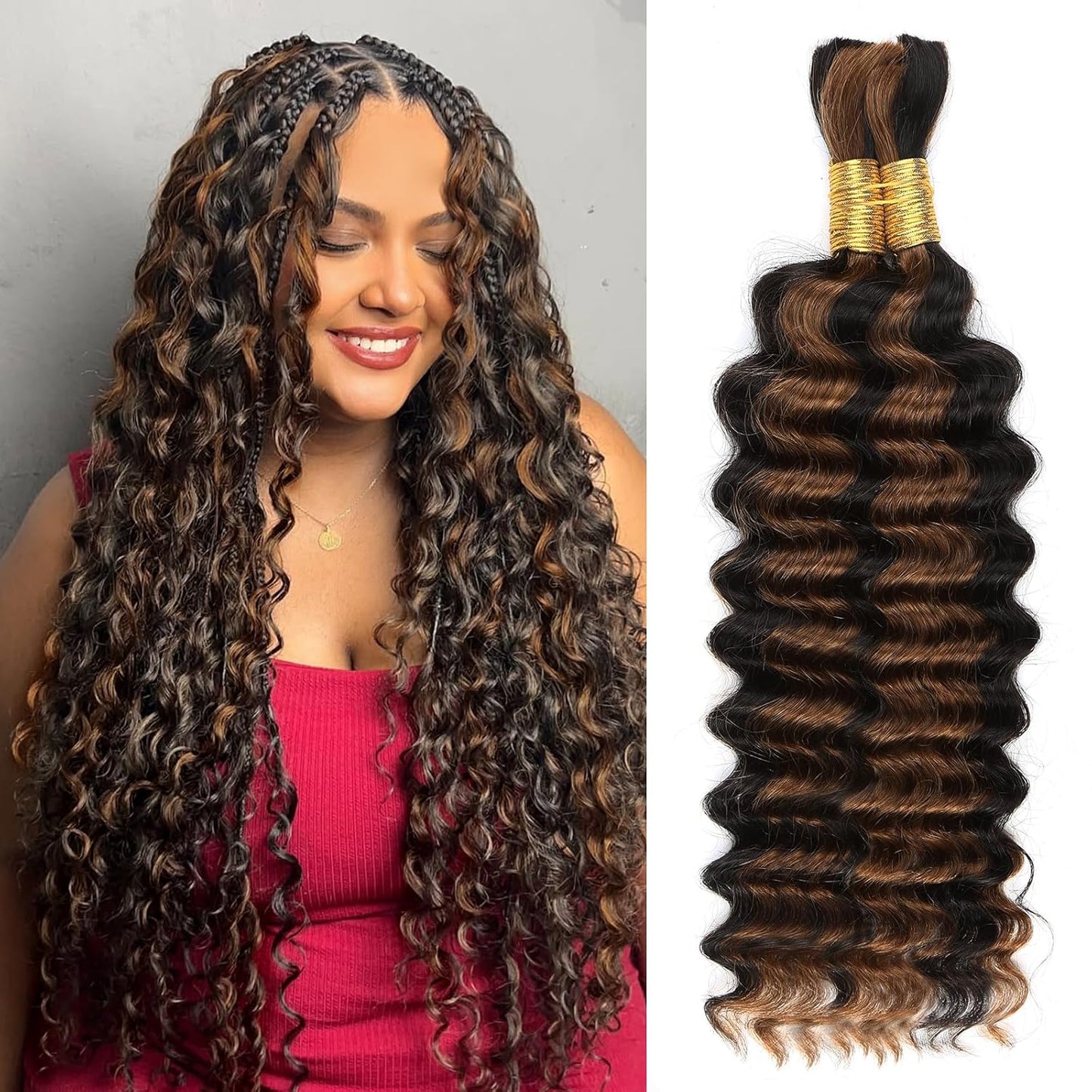 Human Braiding Hair - 14 Inch Ombre Highlight Deep Wave Bulk Extensions | Curly Bundles for Knotless Braids (4/27)