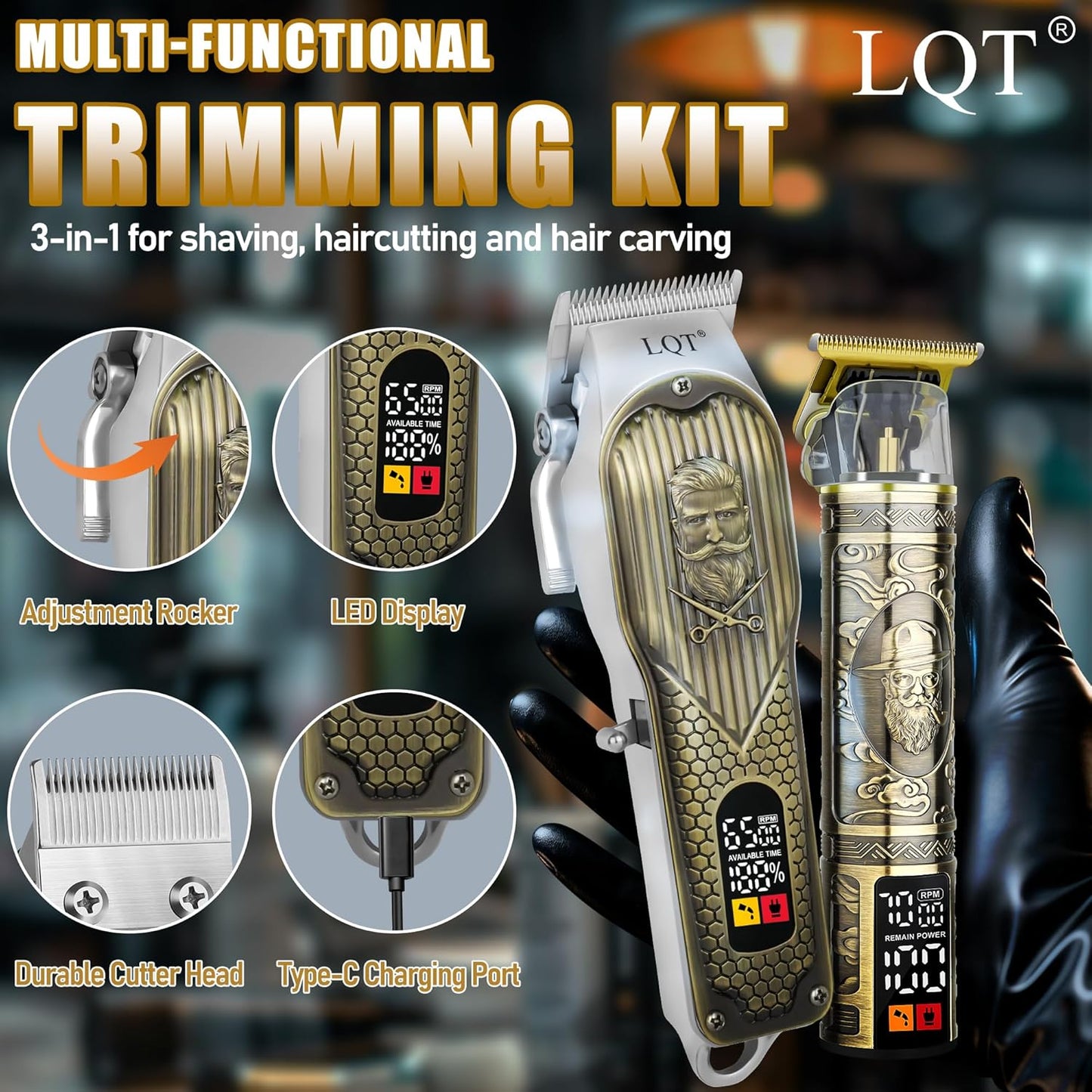 Cordless Hair Clippers & Precision Beard Trimmer Set - USB Rechargeable Grooming Kit with LED Display | Bronze Color