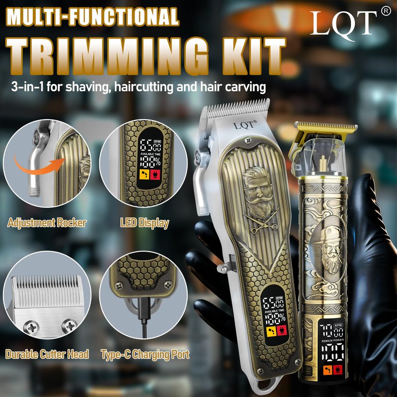 LQT Cordless Hair Clippers Set for Men, Professional Hair and Beard Trimmer Kit with LED Display, Foil Shaver, Powerful Motor, Multiple Combs, Bronze, Grooming Gift for Him, Home and Salon,Barber Kit