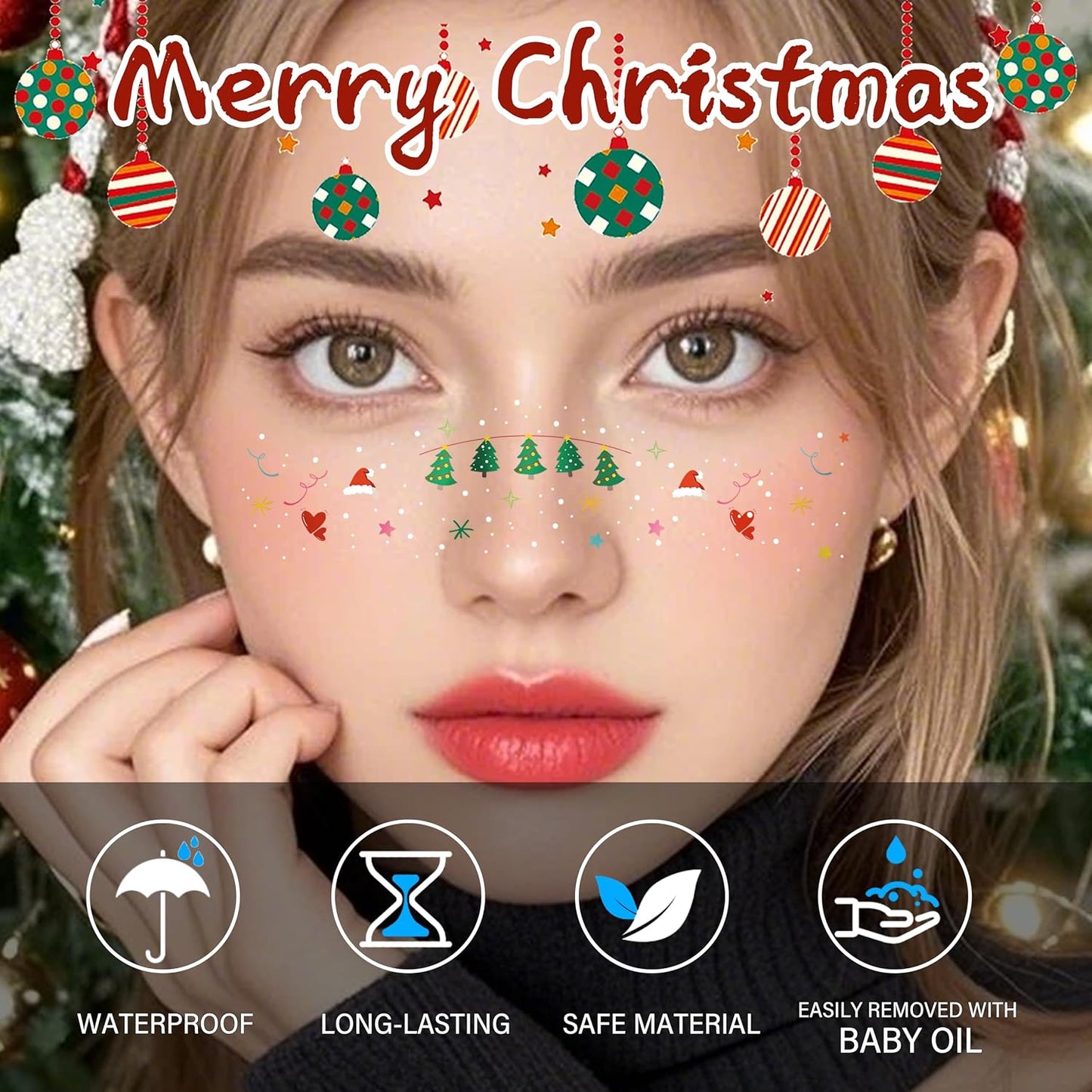 Christmas Face Temporary Tattoos - 8 Pcs Waterproof Glitter Freckles for Kids & Women | Holiday Party Makeup
