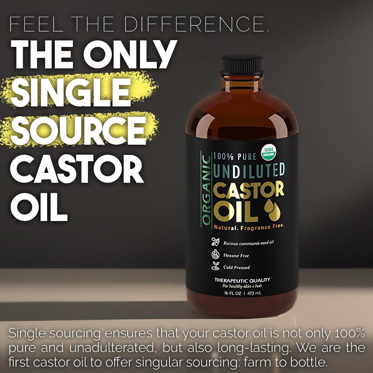 Organic Castor Oil for Skin Hydration - 100% Pure, Cold Pressed, Hexane Free | 16 oz Glass Bottle for Hair & Eyelashes Growth
