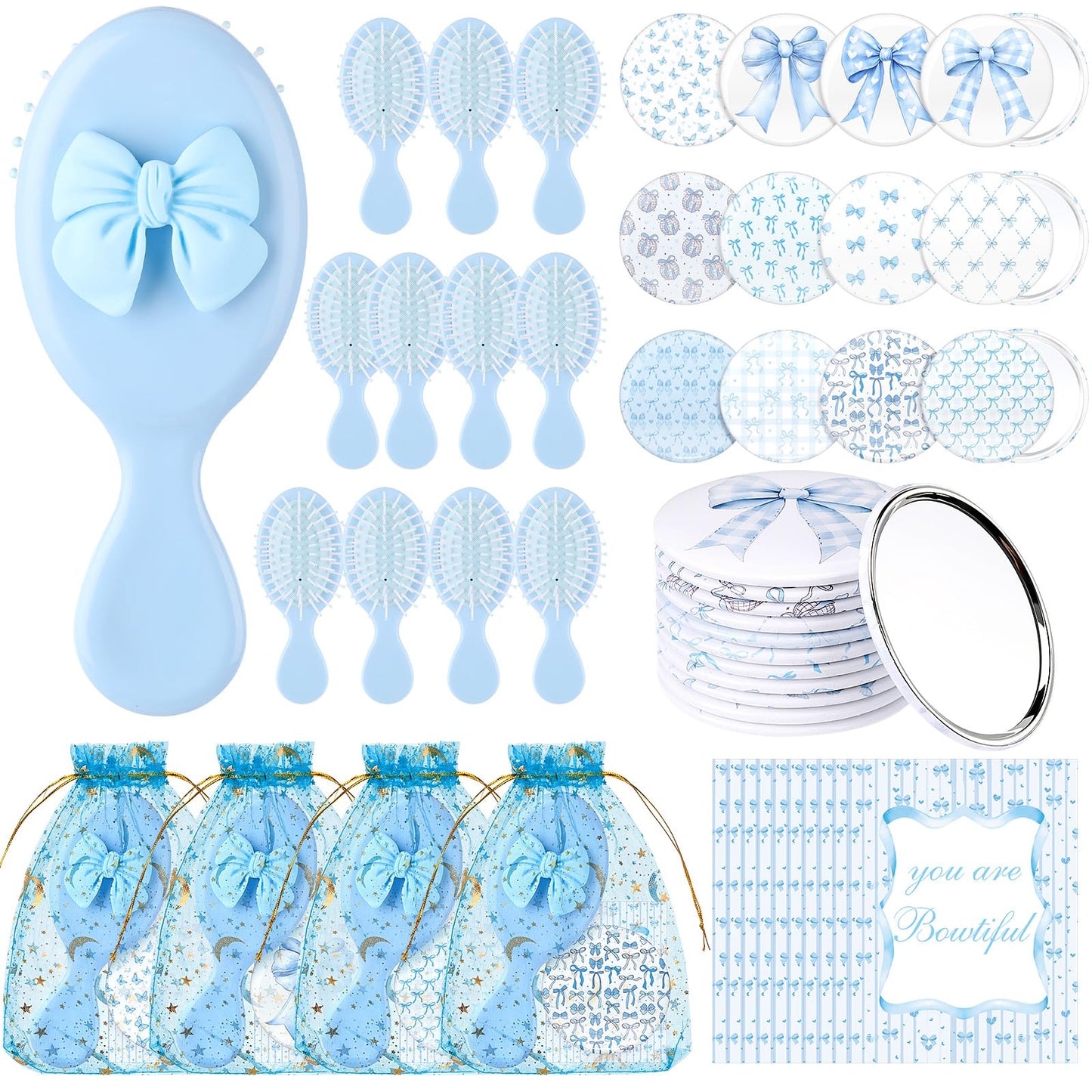 Ferrochef 48 Pcs Bow Themed Party Favors Gifts Bownot Mini Hair Brush Comb Bow Compact Mirror with Inspirational Cards Gift for Girls Princess Coquette Baby Shower Birthday Party