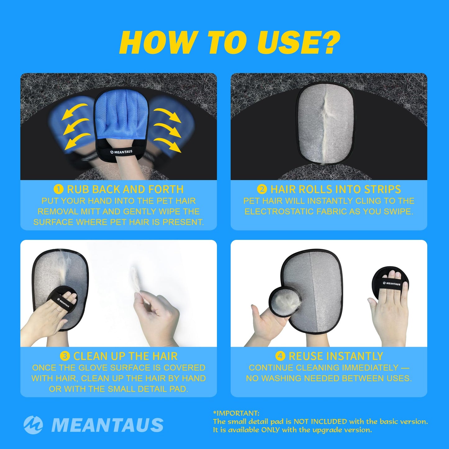 MEANTAUS Reusable Electrostatic Pet Hair Removal Glove for Dogs & Cats, Works on Furniture, Clothing, Bedding & Car Seats (Standard)