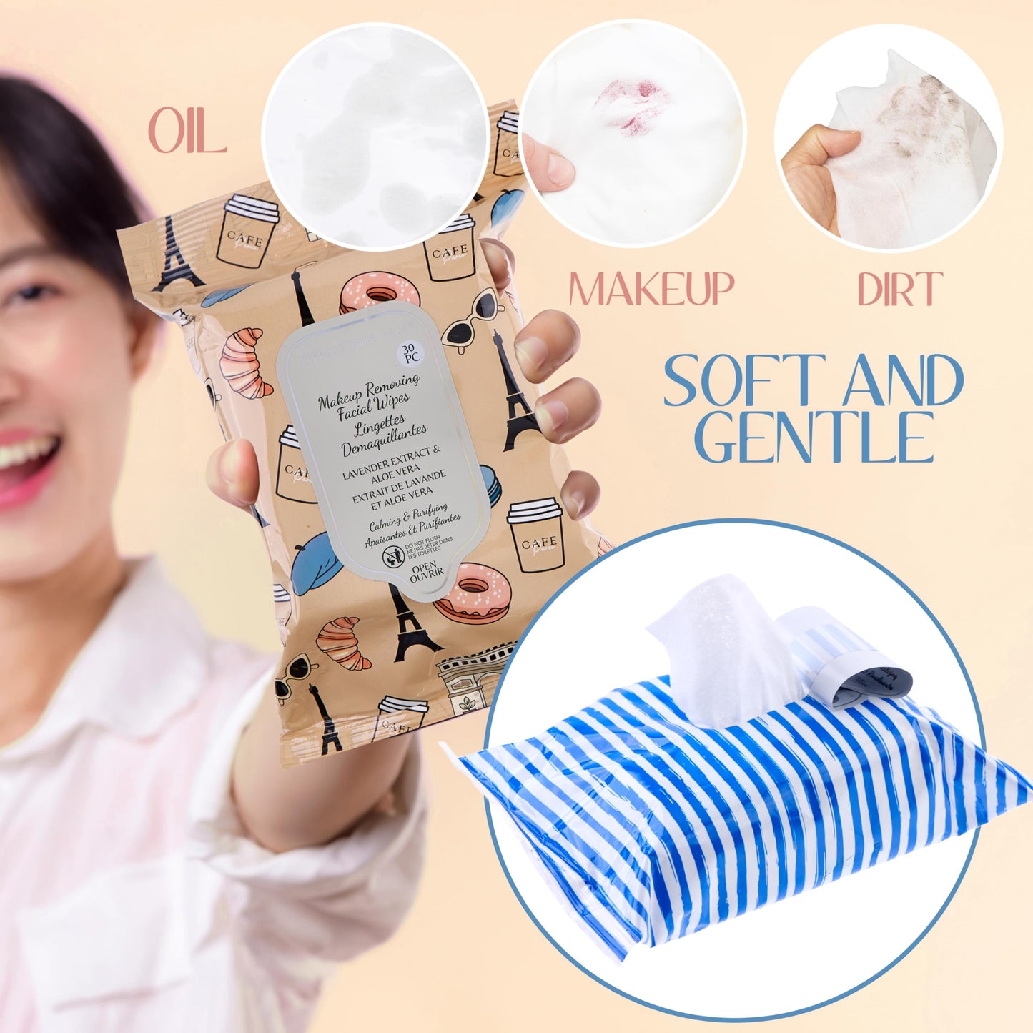 120pc Makeup Removing Facial Wipes Variety Pack – 4-Pack Variety Bundle with Lavender, Vitamin E, Camallia Extract, Rose Water