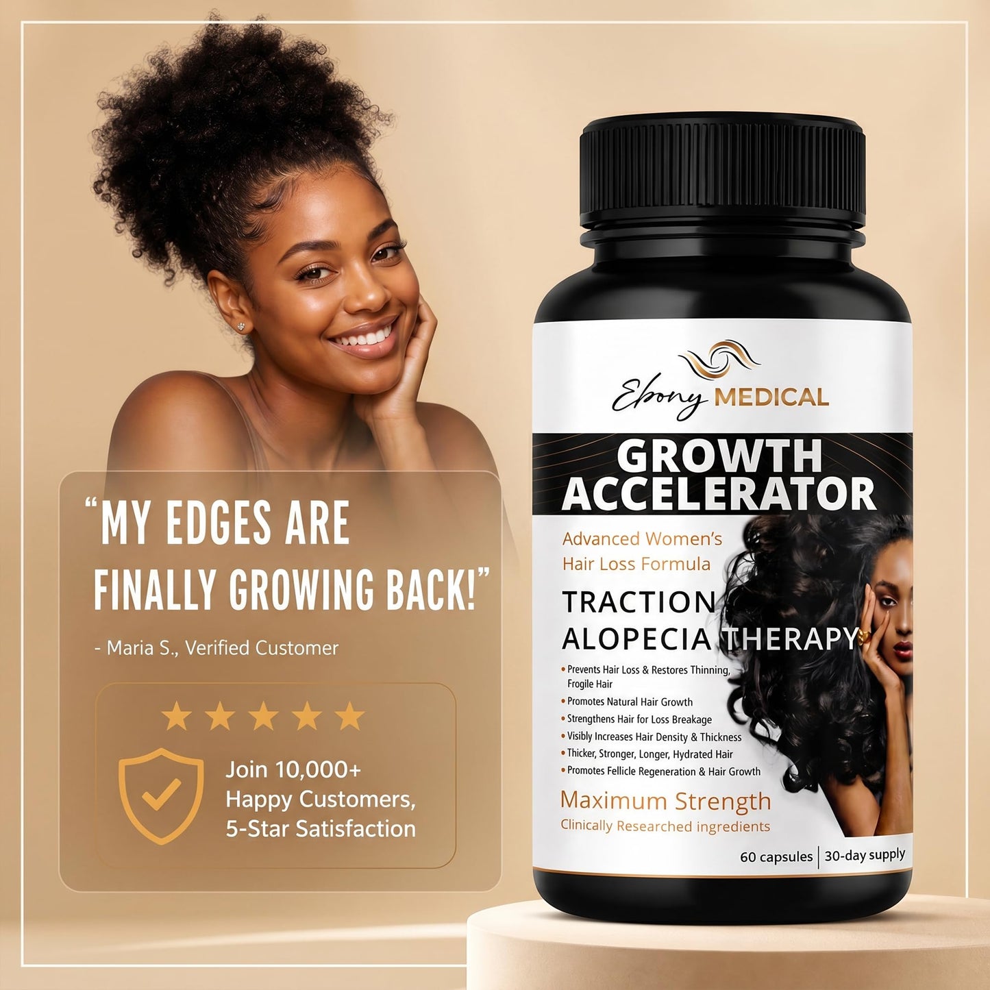 Ebony Medical Hair Support Supplement for Women of Color – Thinning Hair & Traction Alopecia Support – Keratin Boost, Follicle Nourishment, and Hair Strength Vitamins – 30-Day Supply