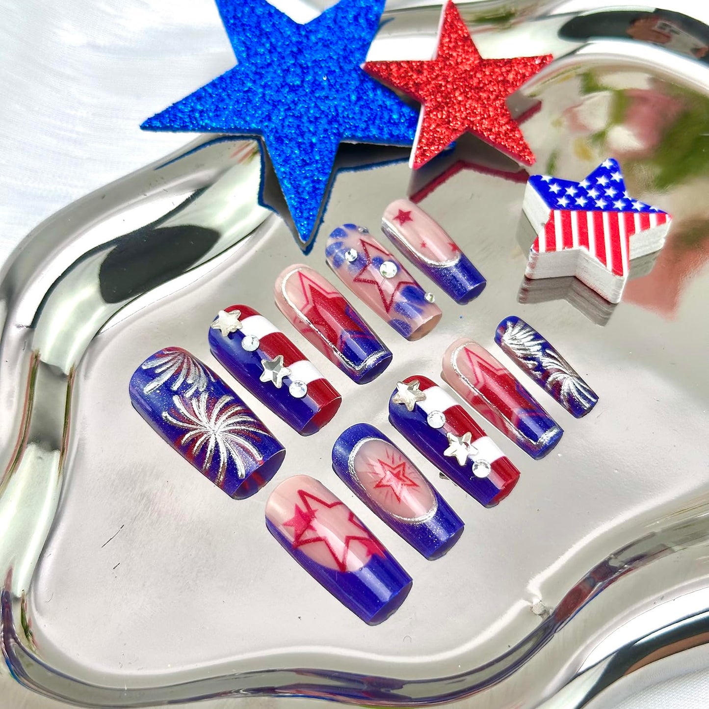 24 PCS 4th of July Press-On Nails | Medium Square Blue French Tip with Red Star Designs for Independence Day