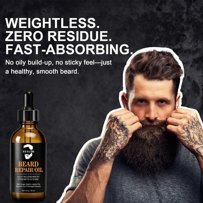 YEALIR Repair Beard Oil for Men - Repairs Breakage & Split Ends, Softens and Strengthens Dry & Damaged Beard, Lightweight, Non-Greasy, Beard Conditioner with Squalane & Argan Oil, Unscented, 1 Oz