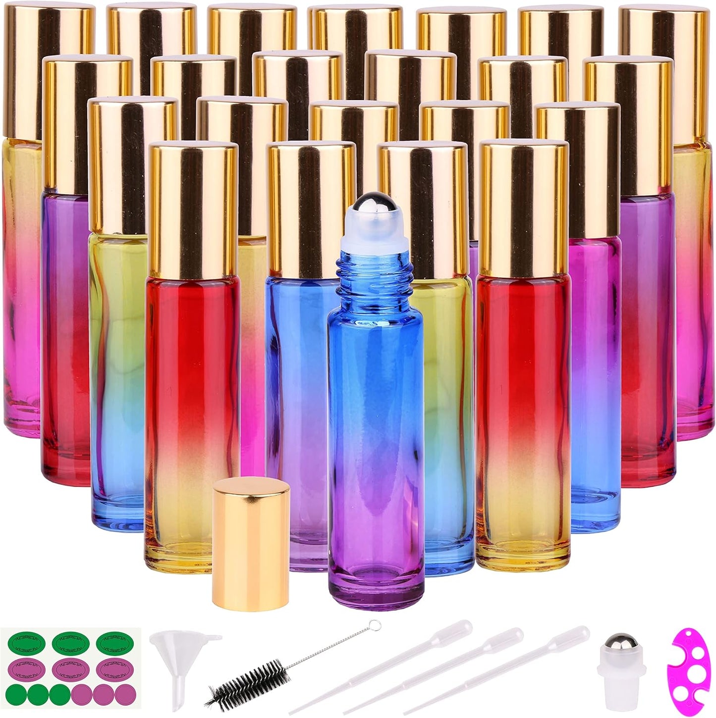 Essential Oils Roller Bottles - 24 Pack 10ml Gradient Glass with Golden Metal Cap | Travel-Friendly
