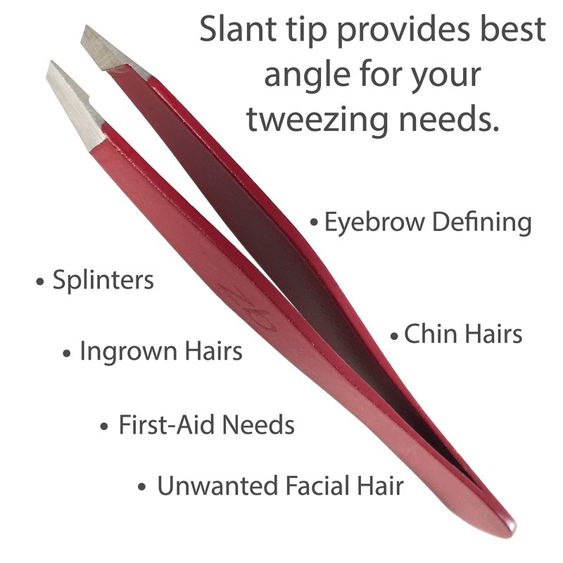 Tweezers – Surgical Grade Stainless Steel - Slant Tip for Expert Eyebrow Shaping and Facial Hair Removal – with Protective Pouch - Best Tweezer for Men and Women (Ruby Red)