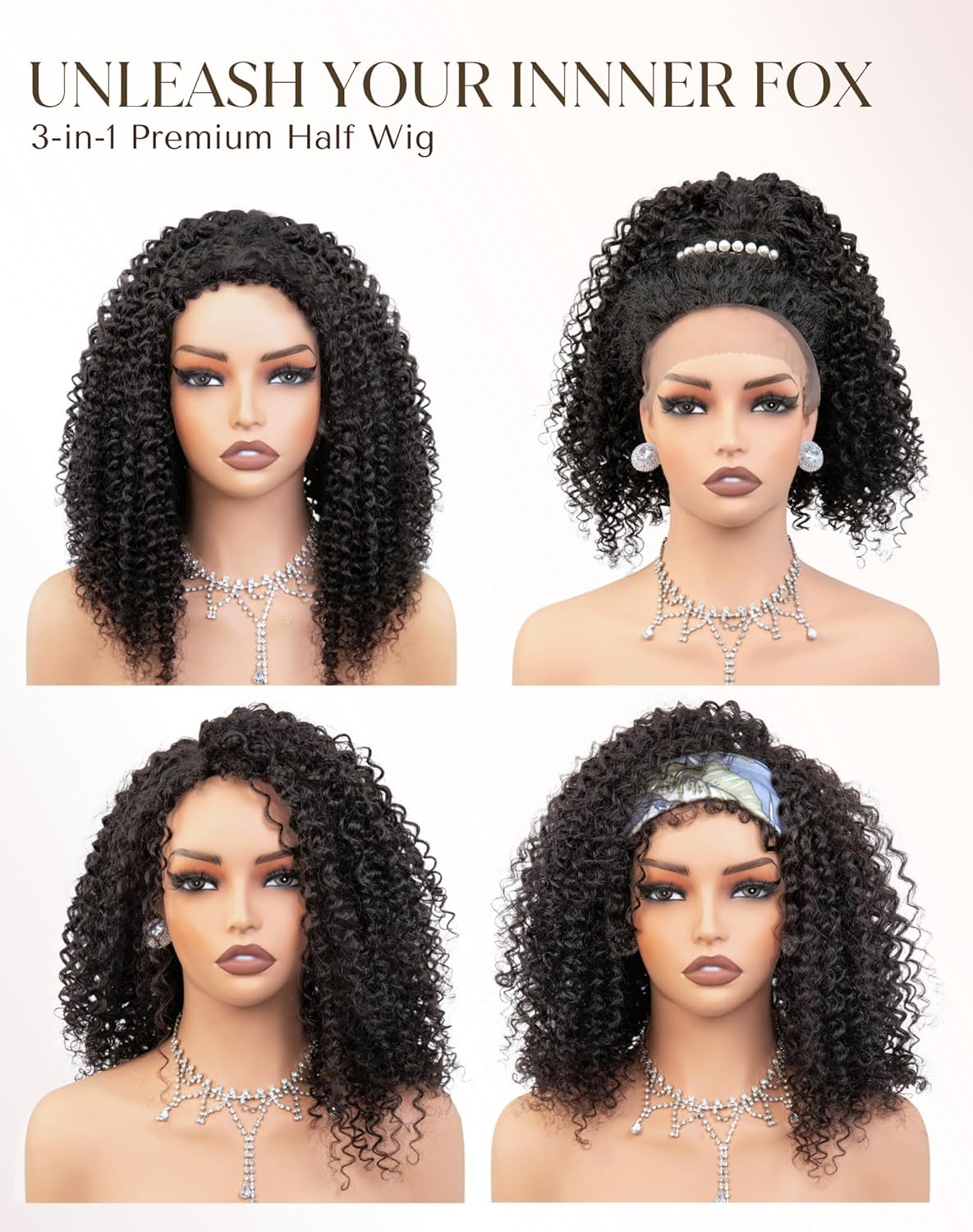 Kinky Curly Half Wig - 100% Remy Human Hair | Glueless 3-in-1 Flip Over Design, 16" Natural Color