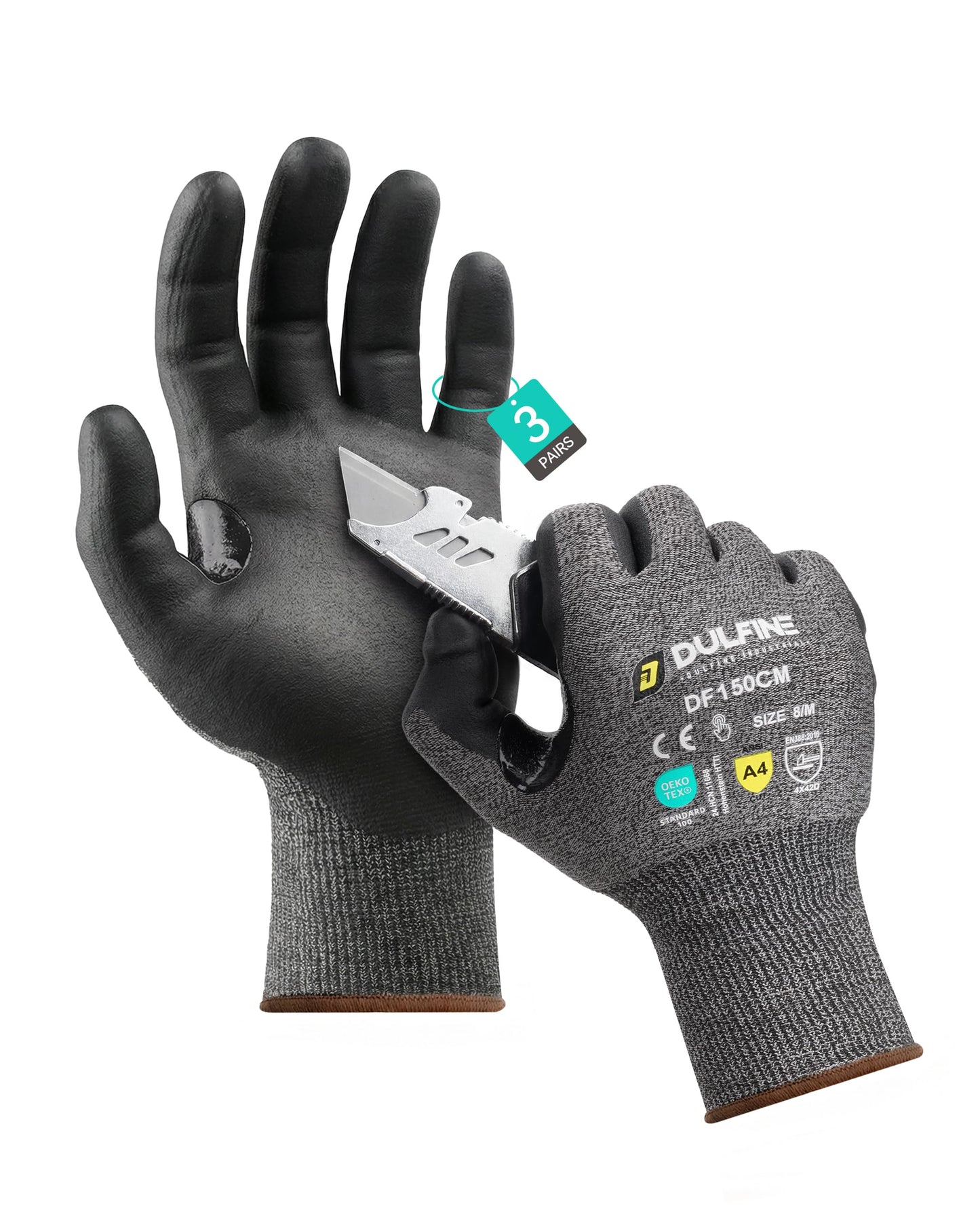 DULFINE A4 Cut Resistant Work Gloves for Men Women, 3 Pairs Pack, Ideal for Warehouse, Metal and Glass Handling, Gray(Large)