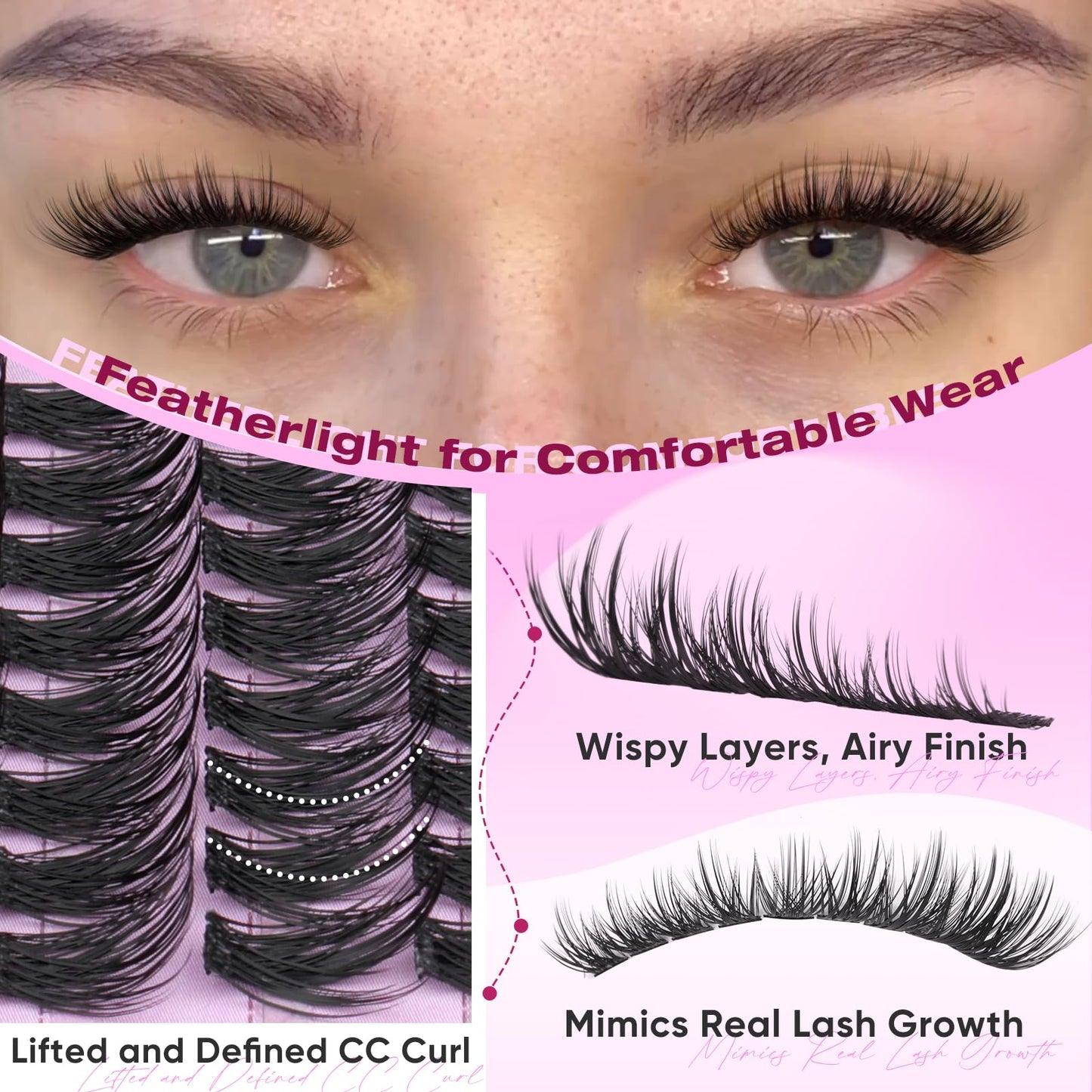 Yawamica Natural Lash Clusters DIY Eyelash Extensions, 8-14mm Short Wispy Eyelash Clusters CC Curl Individual Lashes with Soft Thin Band, Salon-Level Look for Everyday Wear