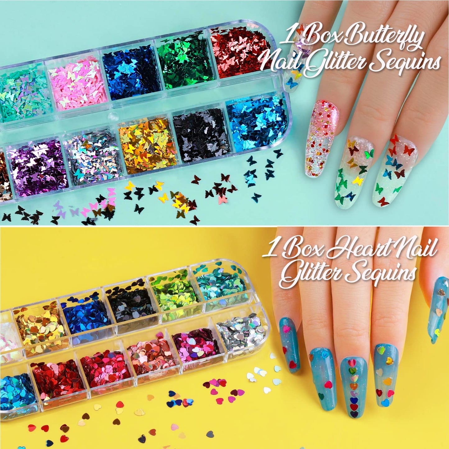 Nail Art Sticker, 12 Sheets Nail Art Stickers Flower Nail Stickers Decal 3D Self-Adhesive, Teenitor Nail Art Decoration with Nail Glitter Butterfly Sequins Nail Foils Nail Flower Slices