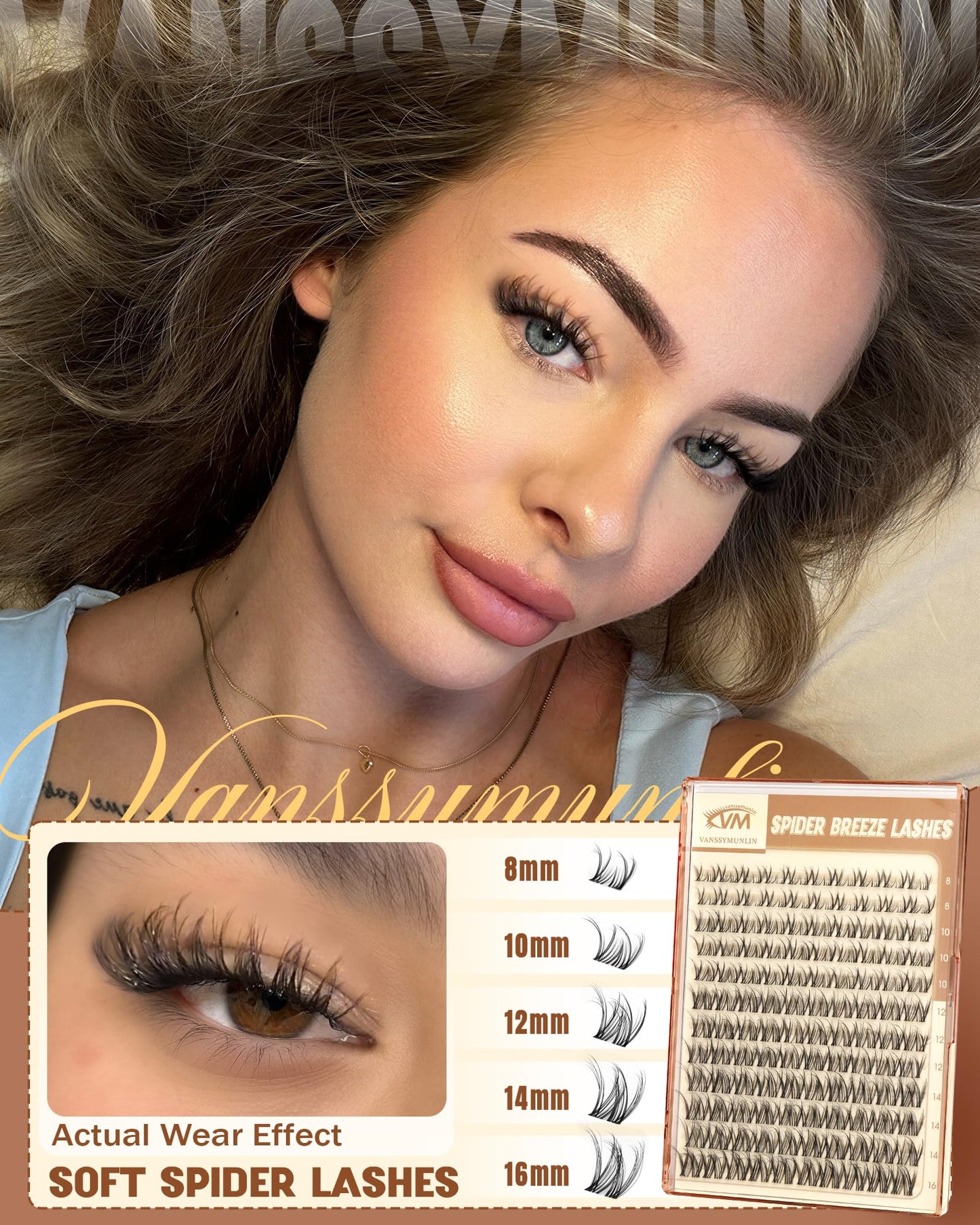 Spider Breeze Lash Clusters, Wispy Natural Eyelash Clusters D Curly Lashes Cluster Venus 8-16mm Cluster Eyelash Extensions Reusable Individual Lashes with Invisible Band for DIY at Home Vanssymunlin