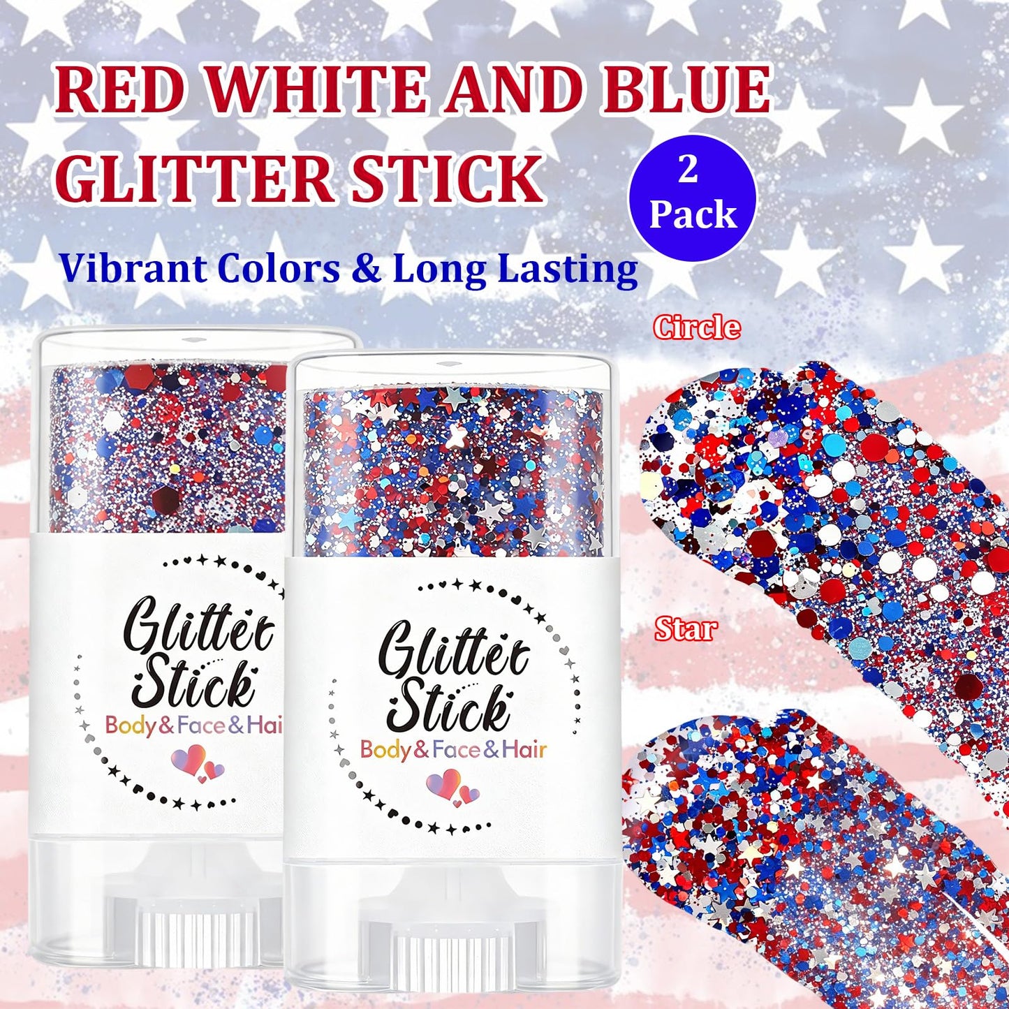 2PCS Red White and Blue Hair Glitter Stick, 4th of July USA Flag Face Body Glitter, Waterproof Patriotic Makeup for Independence Day & Football Game, Sparkling Face Paint for Women
