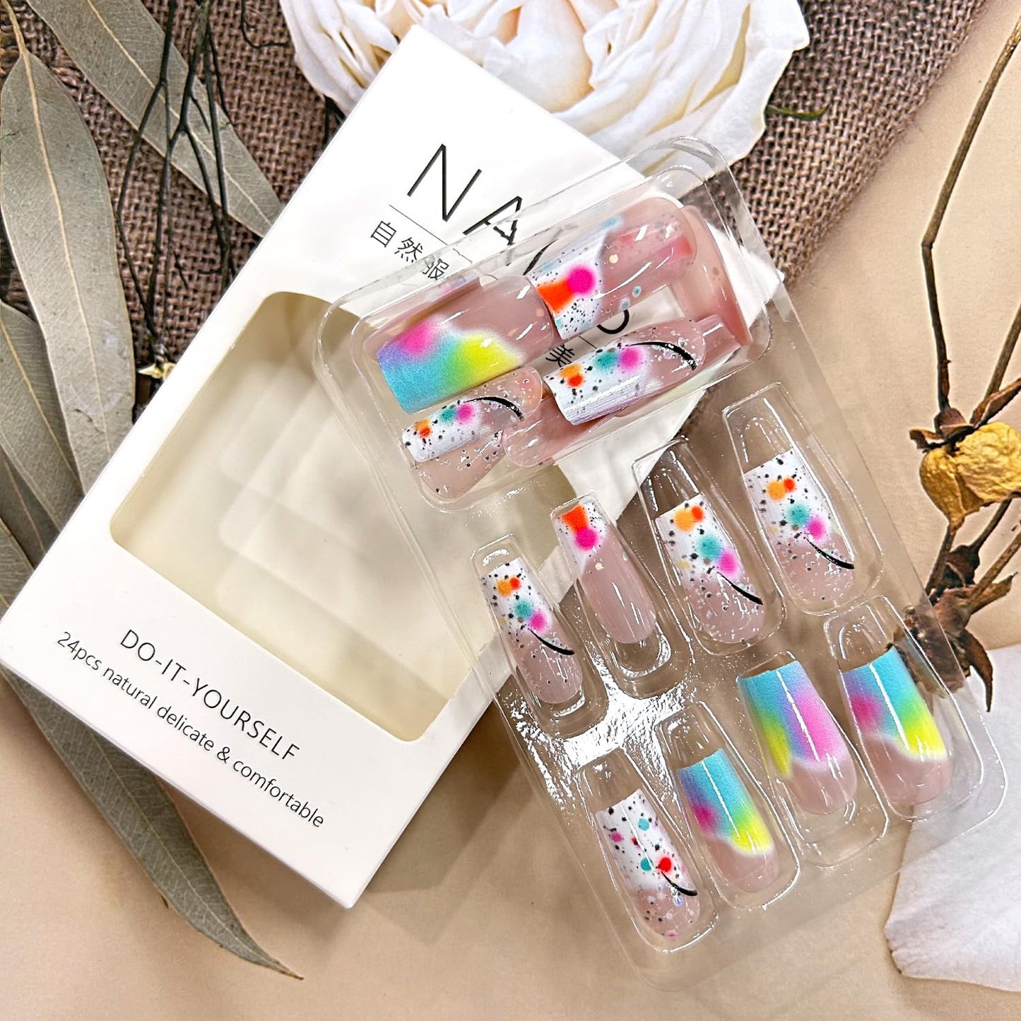 Press On Nails - Medium Length Square Colorful Gradient Acrylic Coffin Nails | 24 Pcs Full Cover Set for Women