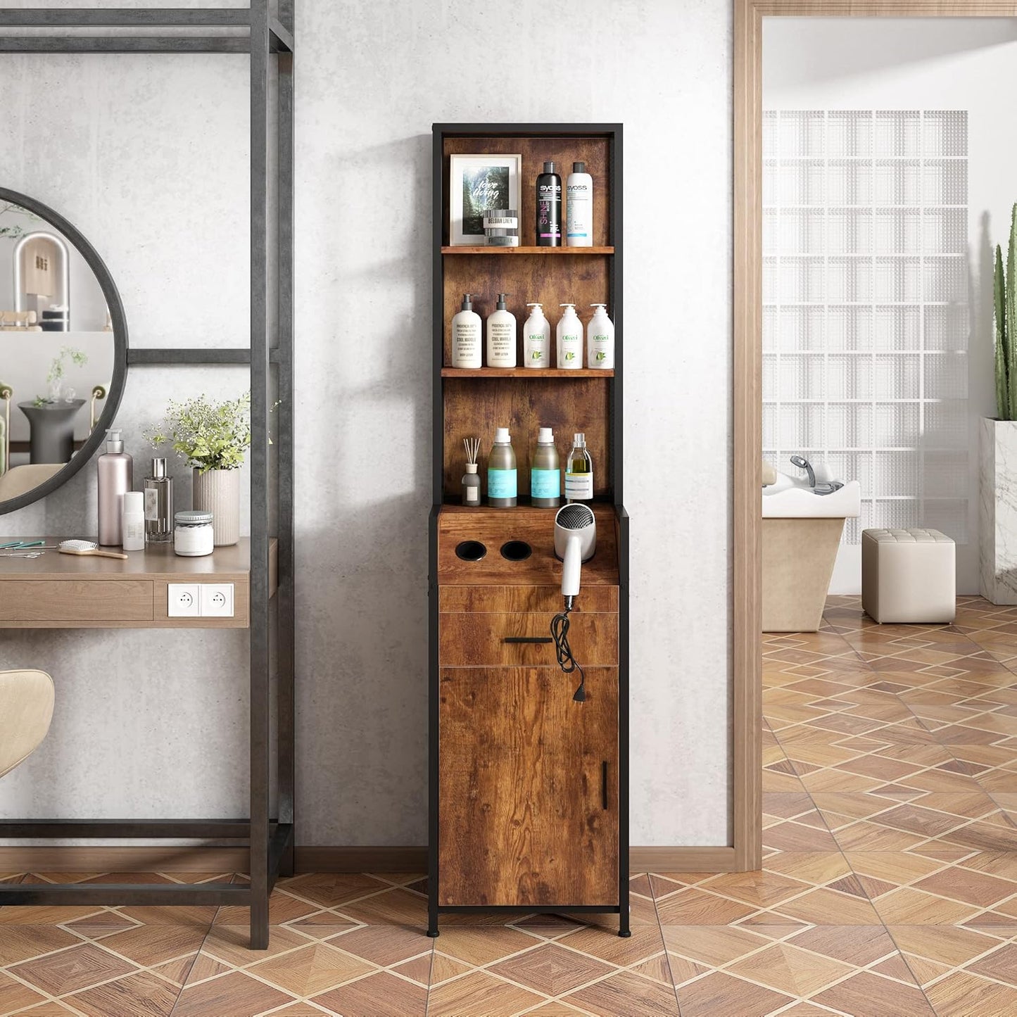 Reusable Salon Station for Hair Stylists | Barber Station with 3 Hot Tool Holders & Storage Shelves - Black