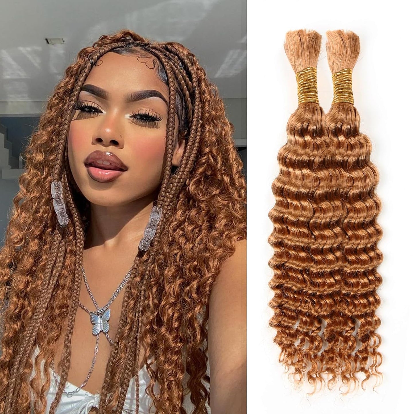 Human Braiding Hair - 14 Inch Ombre Highlight Deep Wave Bulk Extensions | Curly Bundles for Knotless Braids (4/27)