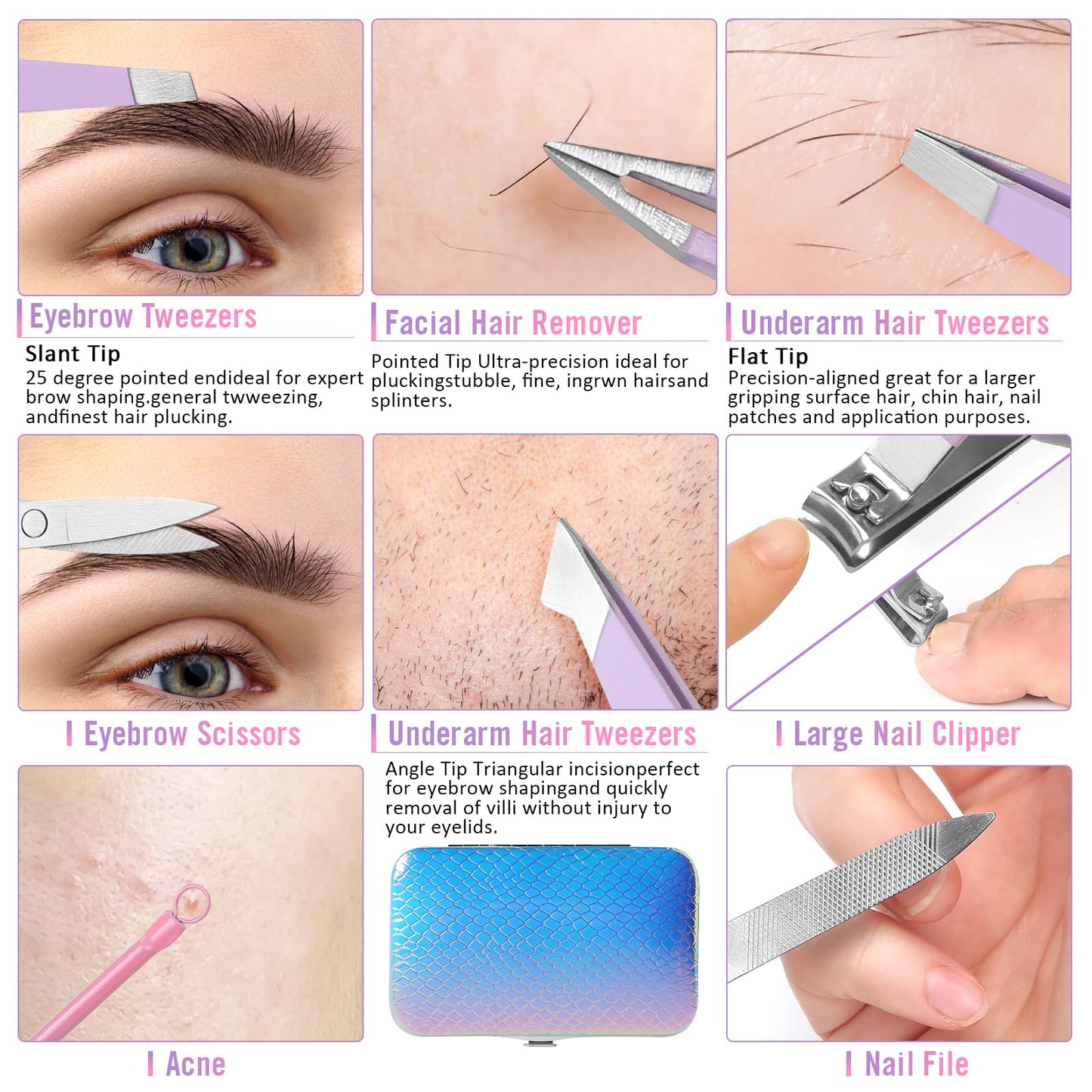 Tweezer Set, Precision Tweezers Kit for Eyebrow Facial Hair Splinter and Ingrown Hair,Travel Tweezers and Nail Clipper Set with Nail Clippers Scissor Maniucre Nail Grooming Kit Gift for Women
