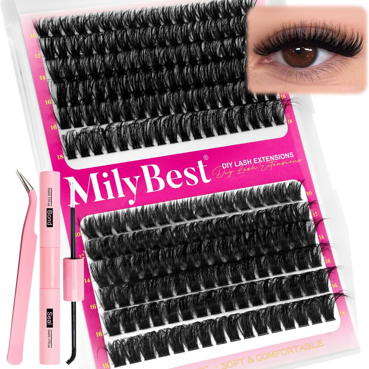MilyBest Lash Clusters Kit Wispy, 10-18mm Fluffy Volume 80D 100D Eyelash Clusters D Curl - Reusable DIY Lash Extension Kit for Beginners, Thick Cluster Eyelash Extensions with Bond and Seal Tweezers