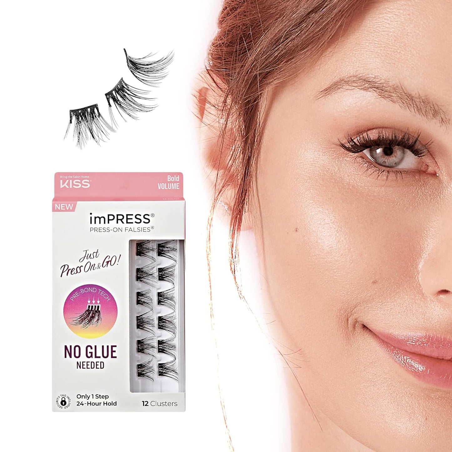 Impress Falsies Press-On Eyelashes - Natural Volume, No Glue Needed | 12mm-14mm Black Lash Clusters