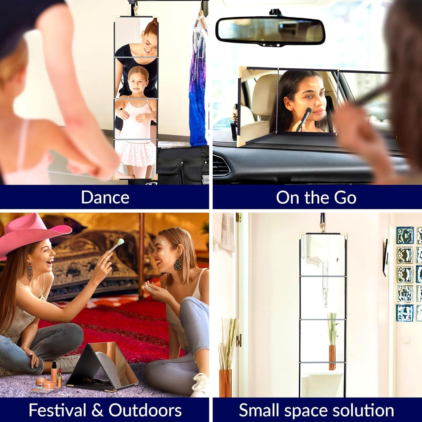 Folding Travel Makeup Mirror - 3-Way Portable Vanity & Full Length - Ideal for Outfits, Hair & Makeup | Perfect for Dance Bags & Camping