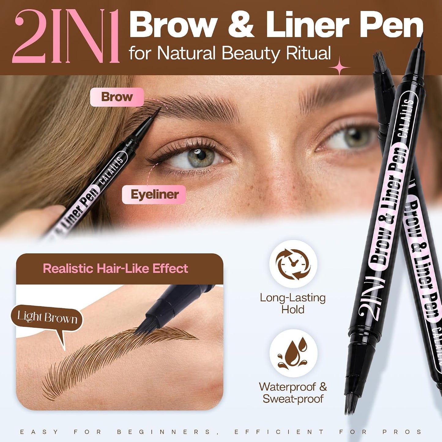 Eyebrow Pencils for Women - 2-in-1 Microblading & Brush-Tip Dual-Ended Liquid, Waterproof for Natural Hair-Like Brows | Light Brown