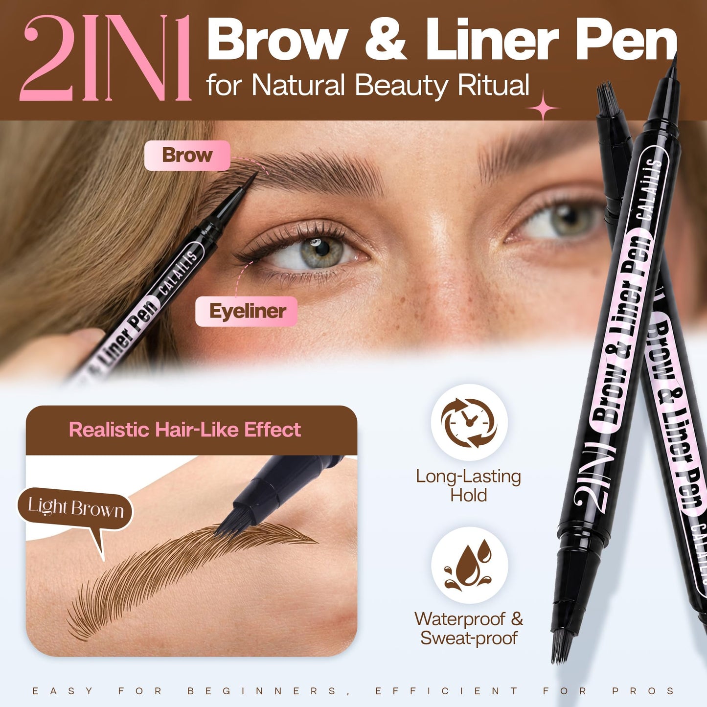 CALAILIS Eyebrow Pencils for Women, 2-in-1 Upgrade Microblading 4D and Precise Brush-Tip Dual-Ended Liquid Eyebrow Pencil, Waterproof Stay on All Day, Create Natural Hair-Like Brows (Light Brown)