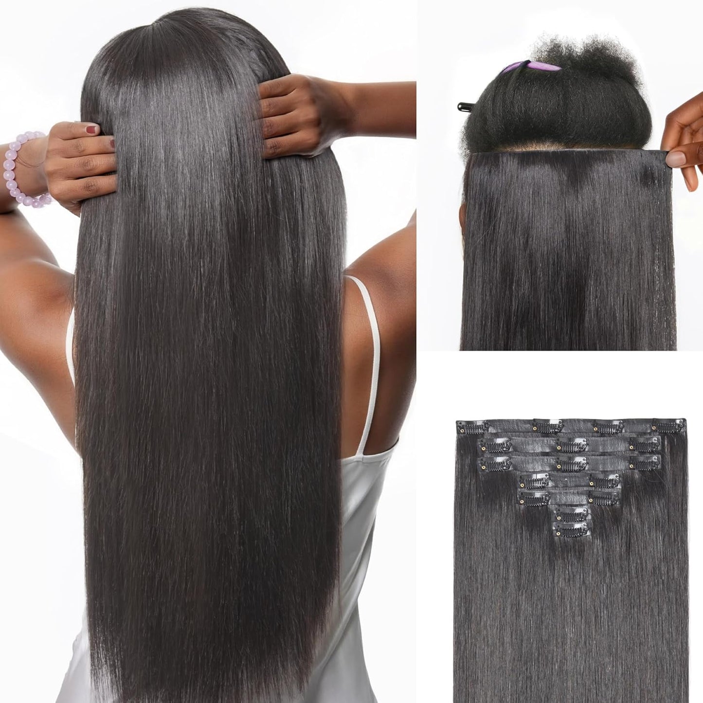 LUVME Invisible Clip-In Hair Extensions - 0.59mm Yaki Straight 24 Inch, 100% Real Human Hair, 6 Pcs 100g | Wider Wefts for Easy Sectioning