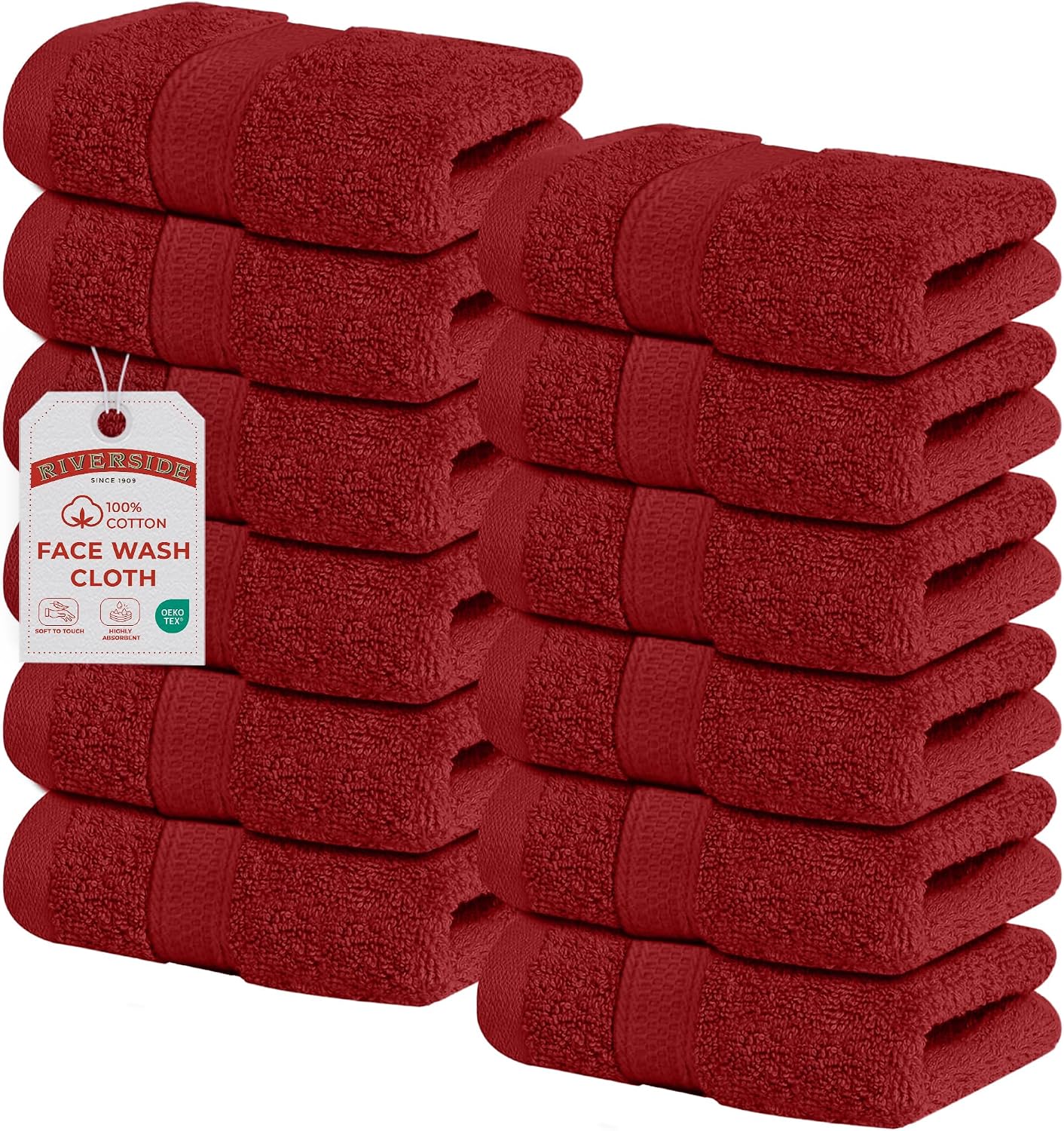 Riverside 12-Pack 100% Cotton Hunter Green Face Towels - Super Soft, Absorbent Washcloths for Bathroom, Spa & Gym | 12x12 Inches